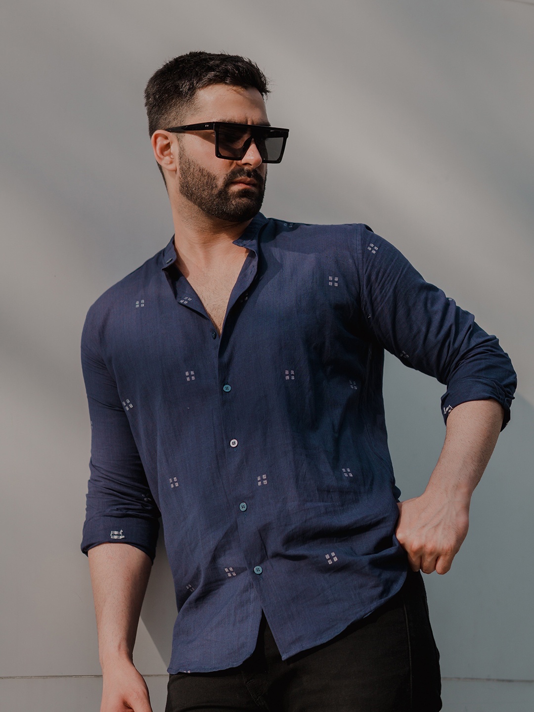 

INPE Comfort Slim Fit Geometric Self Design Organic Cotton Casual Shirt, Blue