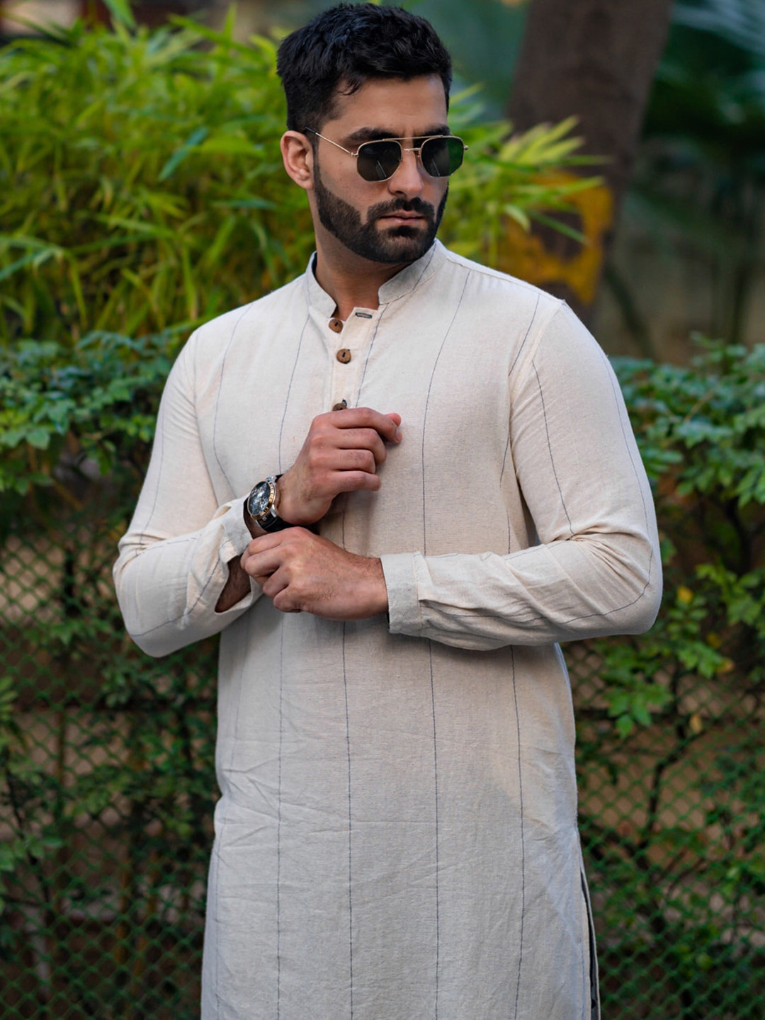 

INPE Striped Mandarin Collar Pure Cotton Kurta, Cream
