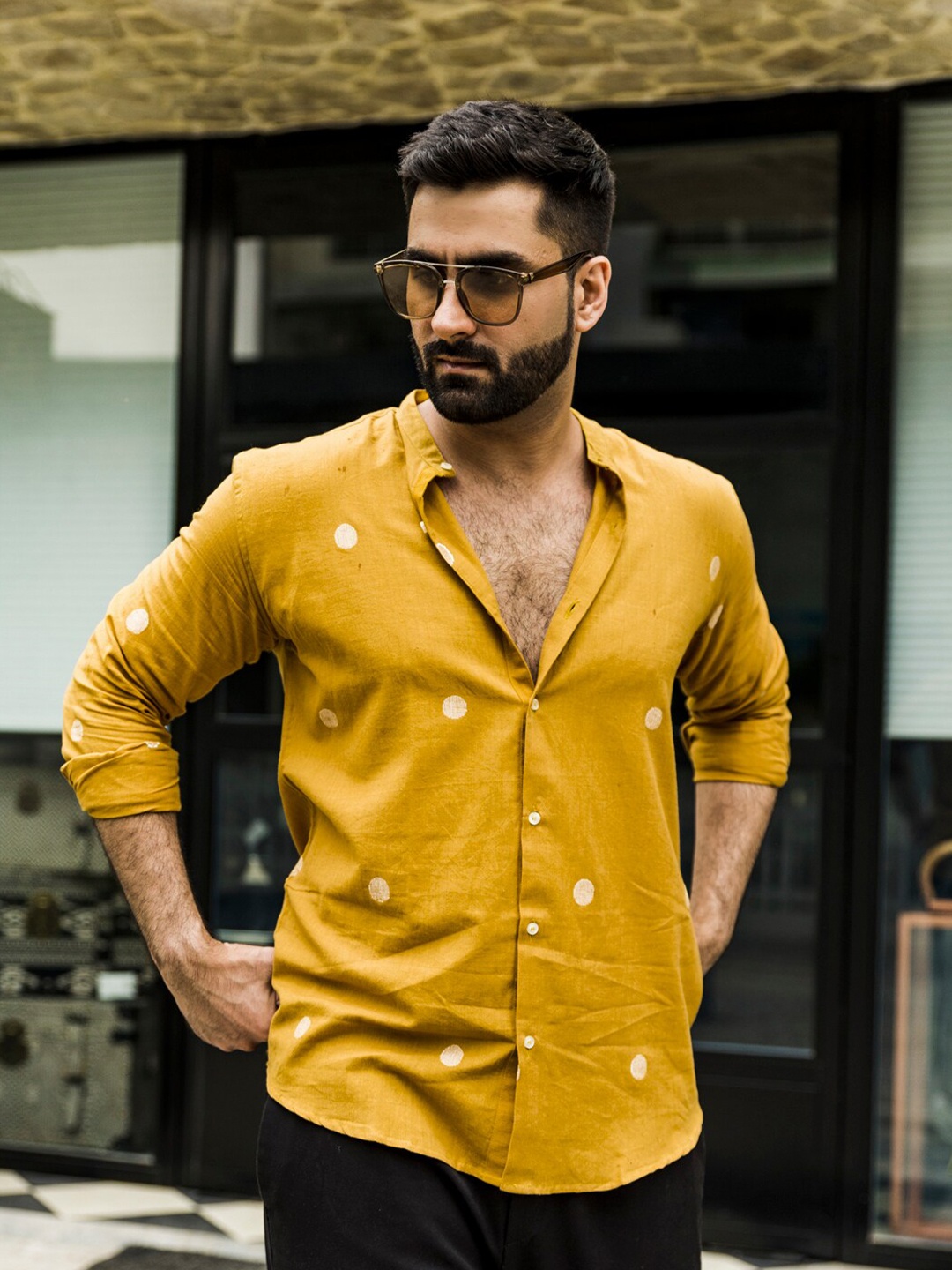 

INPE Comfort Slim Fit Geometric Self Design Organic Cotton Casual Shirt, Yellow
