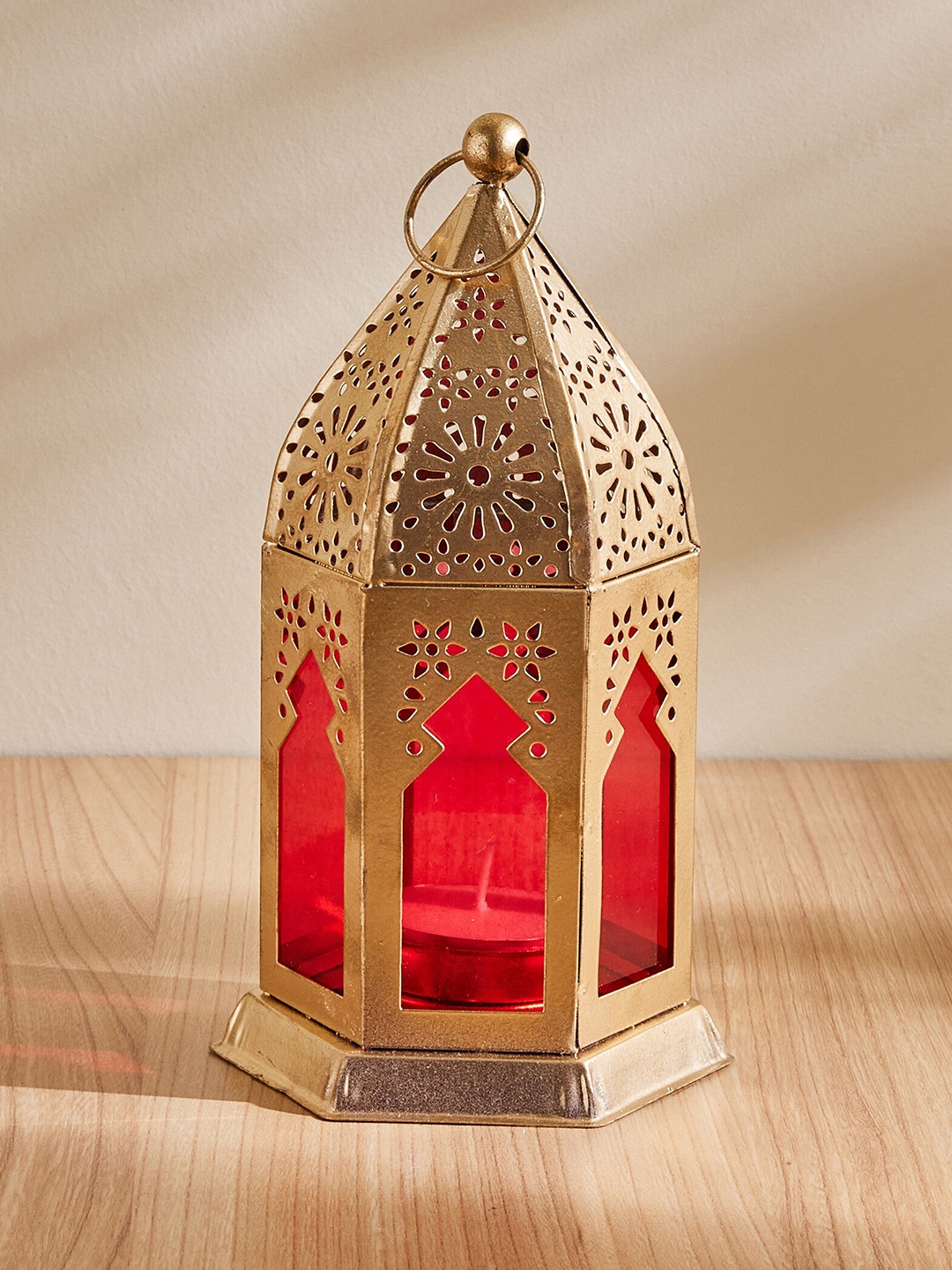 

Home Centre Pacific Salsa Red Lantern Shaped T-Light Candle Holder, Gold