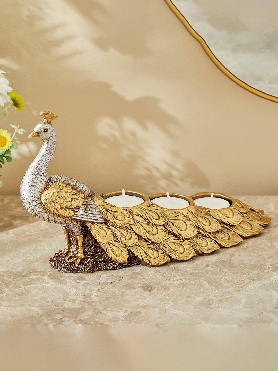 Home Centre Peacock T-Light Holder, Gold
