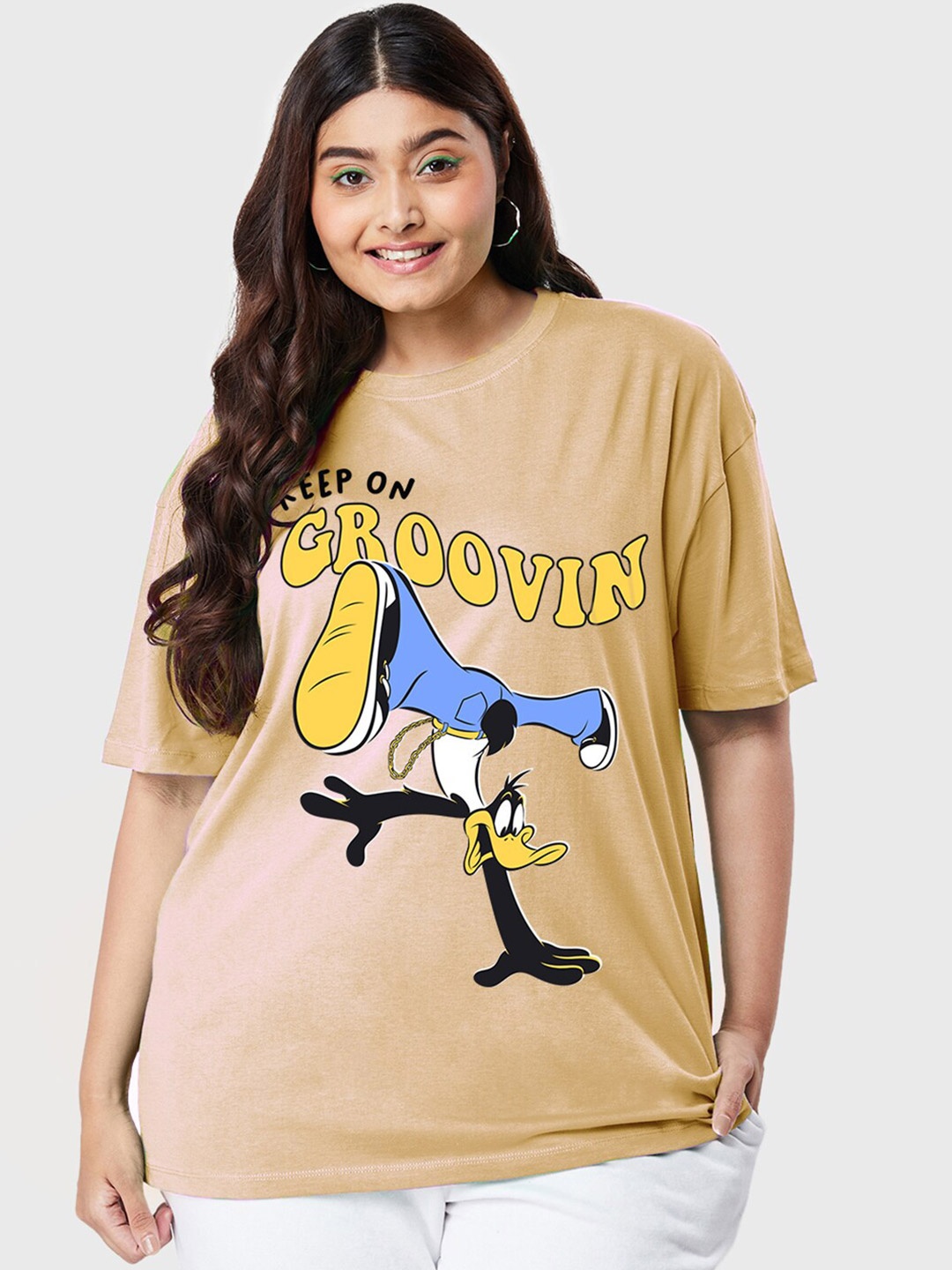 

Bewakoof Brown Groovin Graphic Printed Oversized Plus Size T-shirt