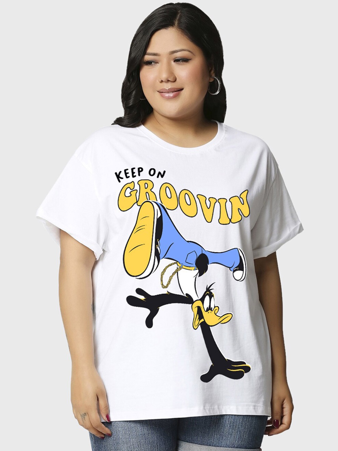 

Bewakoof Plus Humour And Comic Looney Tunes Printed Pure Cotton T-Shirt, White