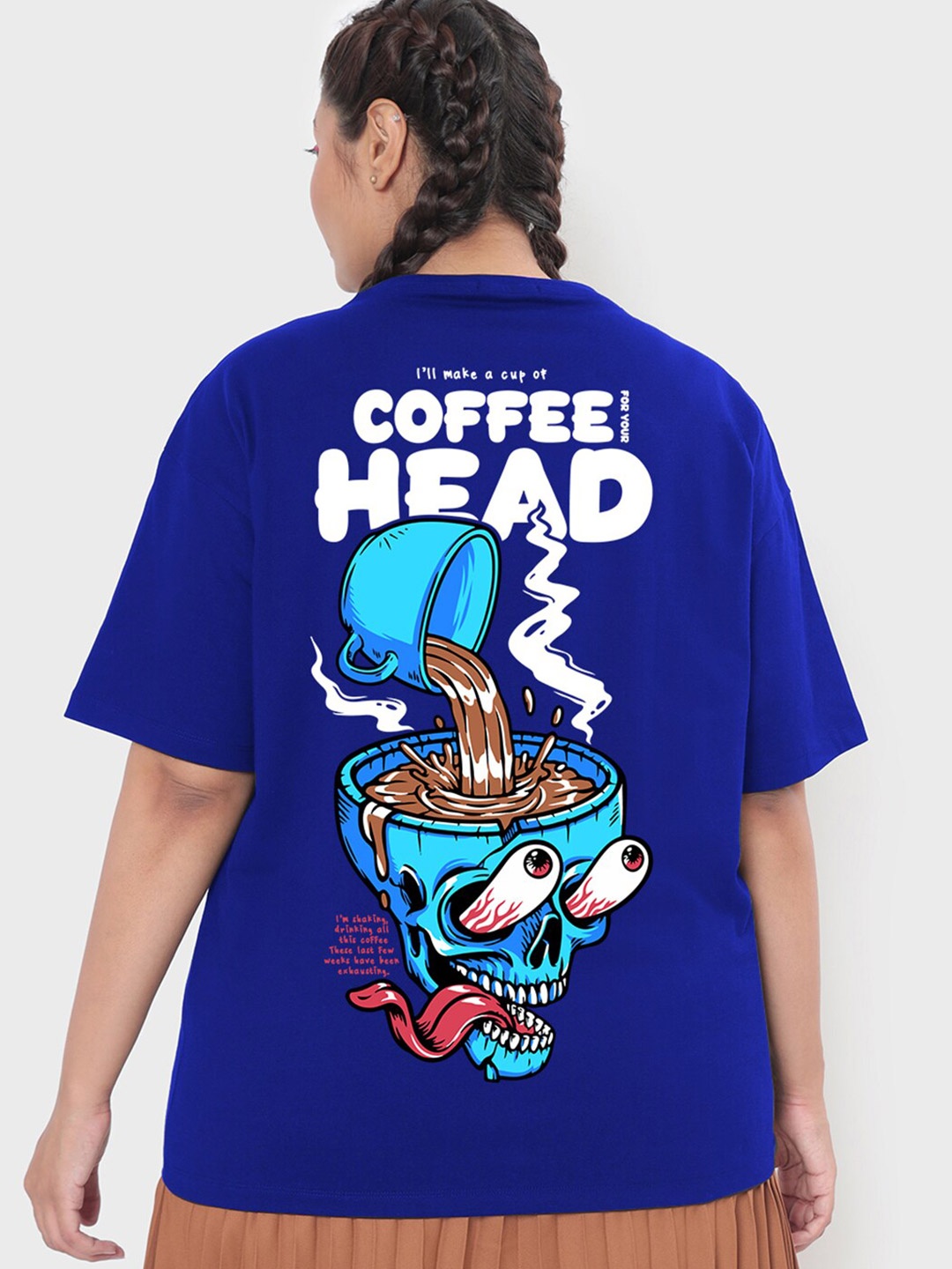 

Bewakoof Women Coffee Head Graphic Printed Oversized Plus Size T-shirt, Blue