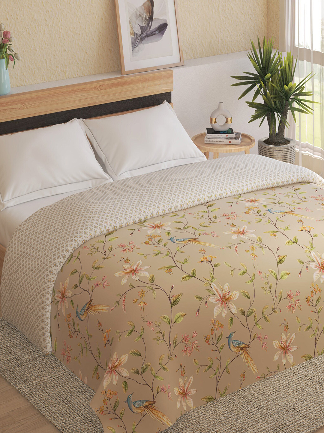 

Home Centre Beige & Green Floral Mild Winter 150 GSM Cotton Double Bed Comforter
