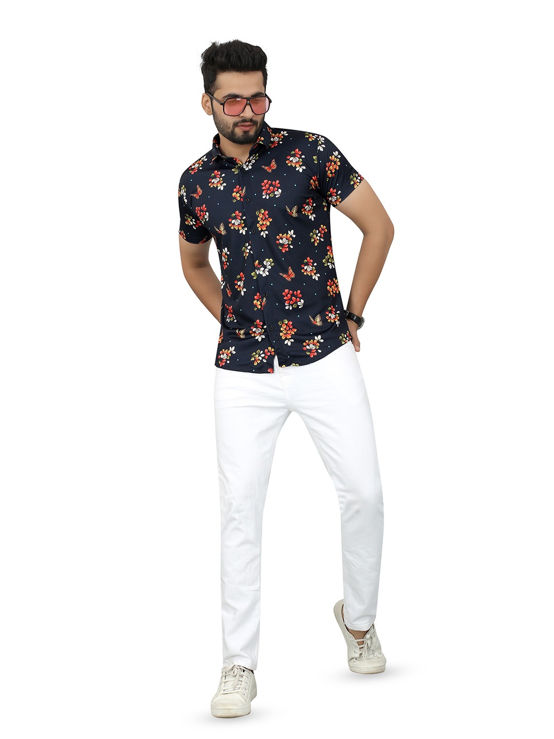 

N N ENTERPRISE Slim Fit Floral Printed Casual Shirt, Navy blue