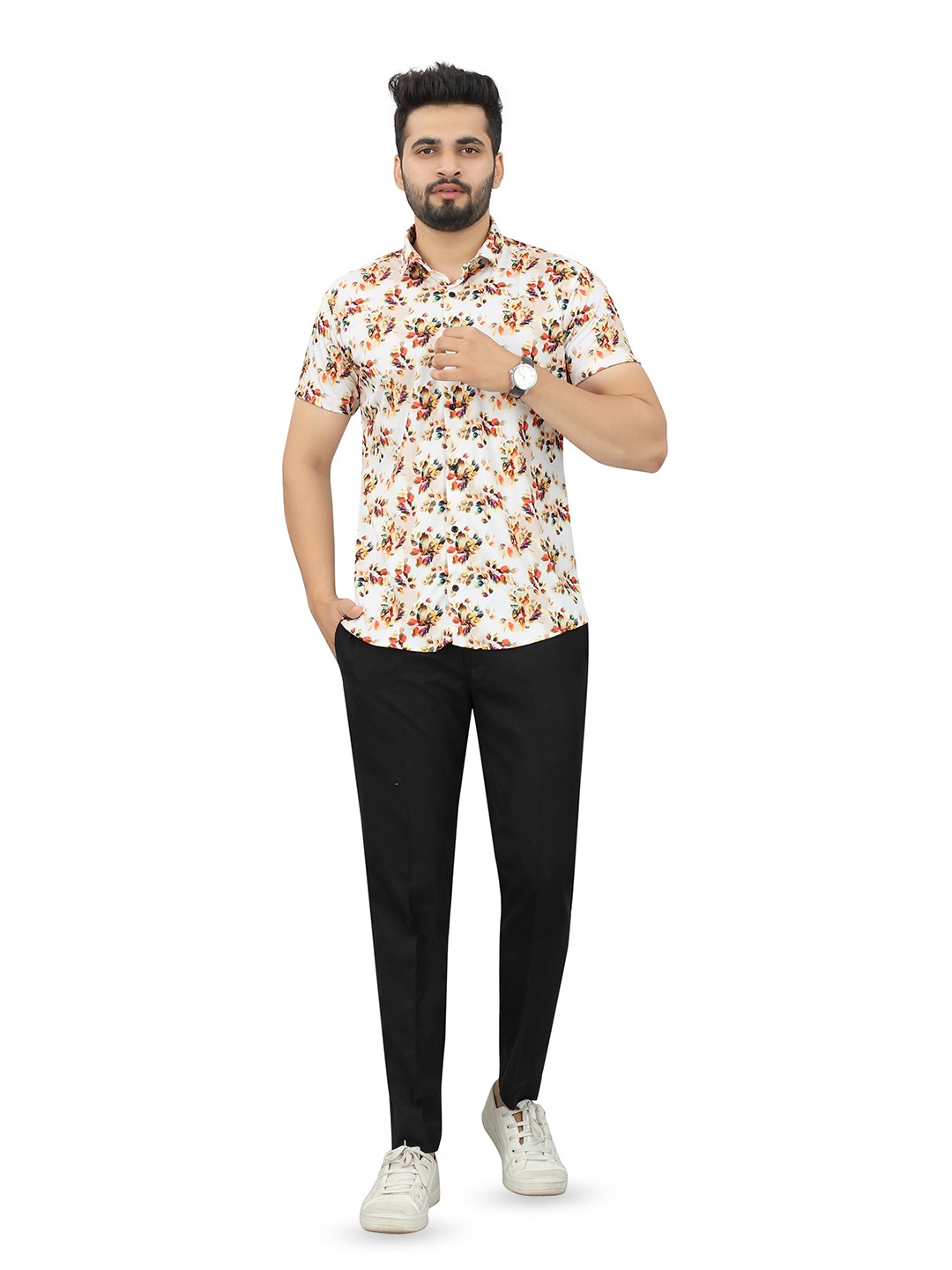 

N N ENTERPRISE Slim Fit Floral Printed Casual Shirt, White