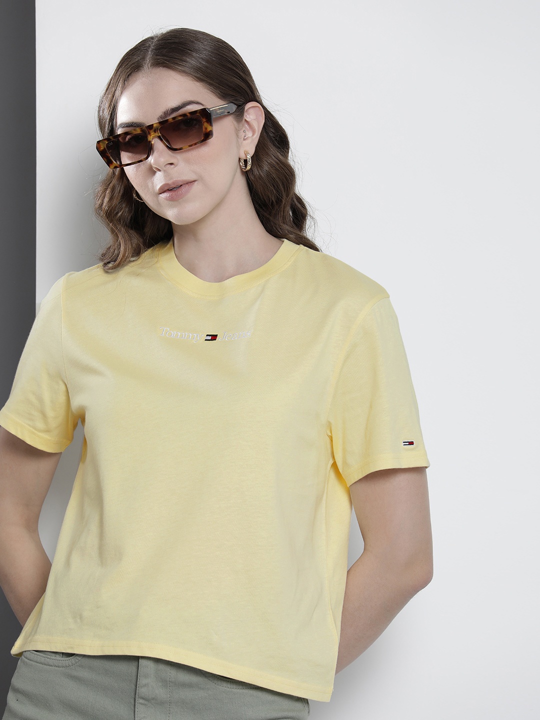 

Tommy Hilfiger Brand Logo Embroidered Drop-Shoulder Sleeves Cotton T-shirt, Yellow