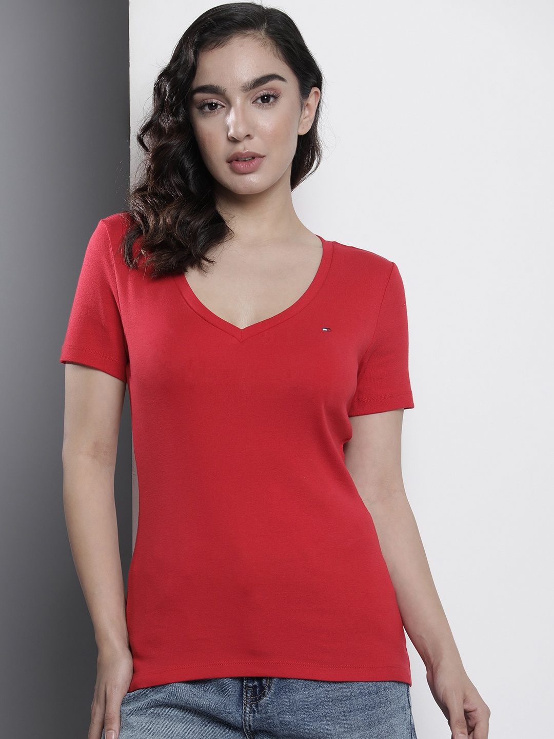 

Tommy Hilfiger Pure Cotton V-Neck Brand Logo Embroidered T-shirt, Red