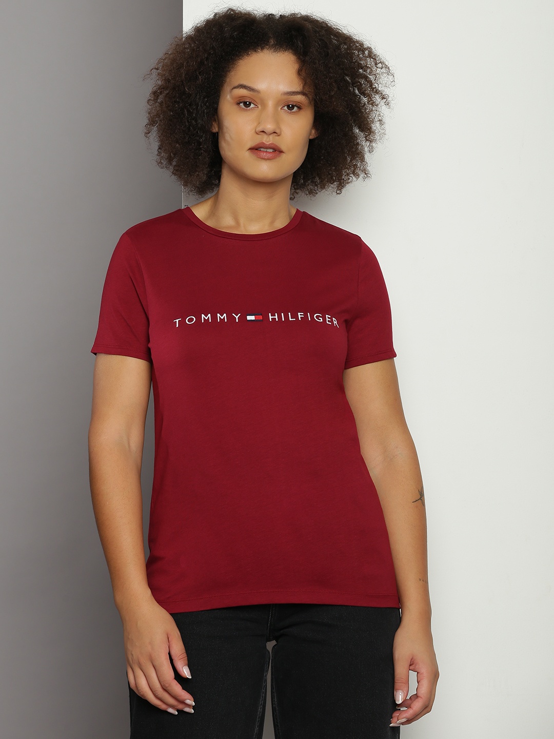 

Tommy Hilfiger Brand Logo Embroidered Pure Cotton T-shirt, Maroon