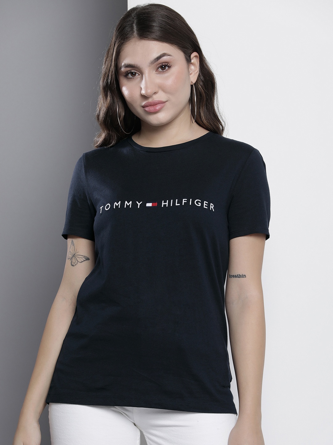 

Tommy Hilfiger Brand Logo Embroidered Pure Cotton T-shirt, Navy blue