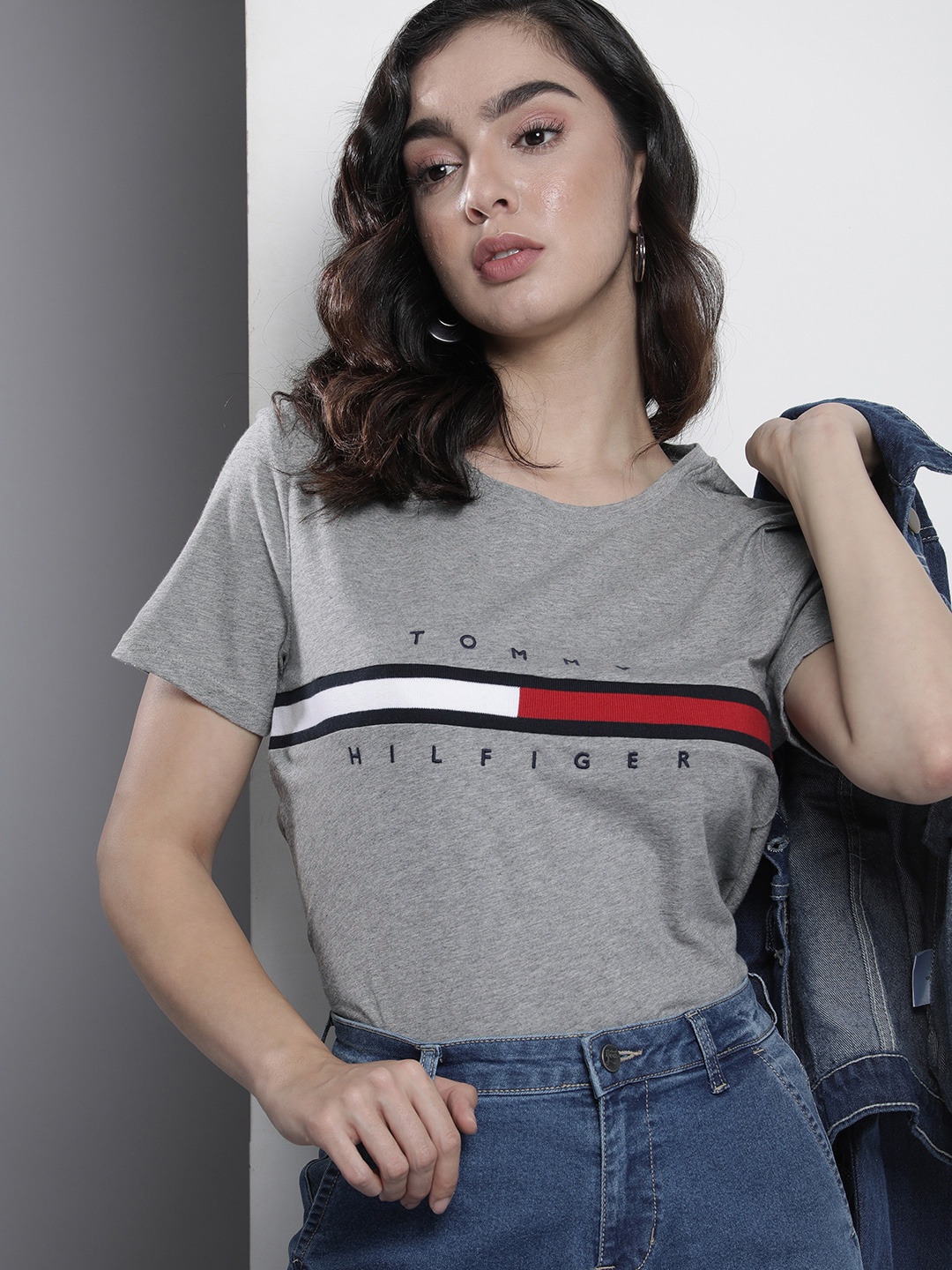 

Tommy Hilfiger Striped And Embroidered Pure Cotton T-shirt, Grey melange