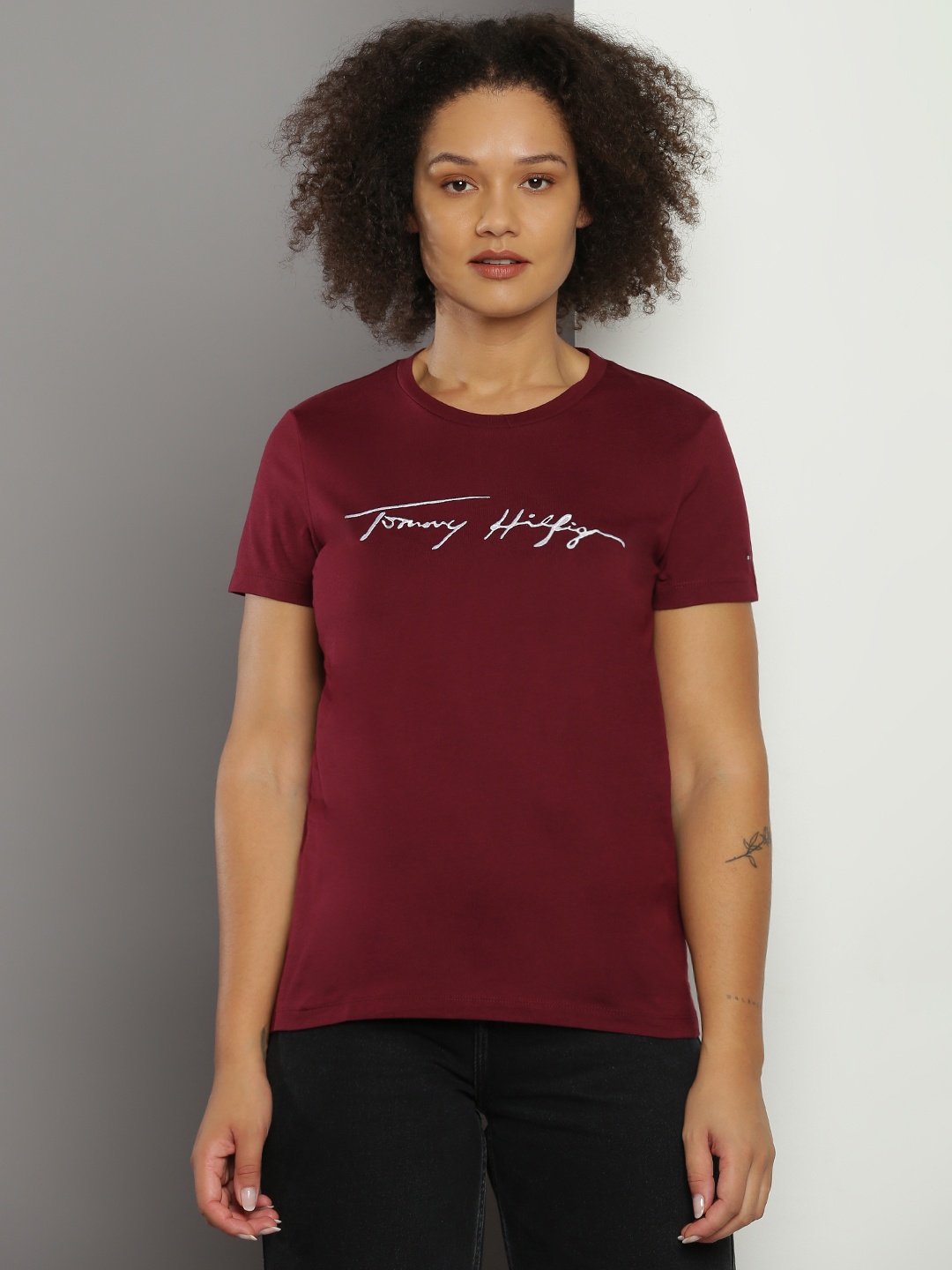 

Tommy Hilfiger Sustainable Brand Logo Embroidered Pure Cotton T-shirt, Maroon