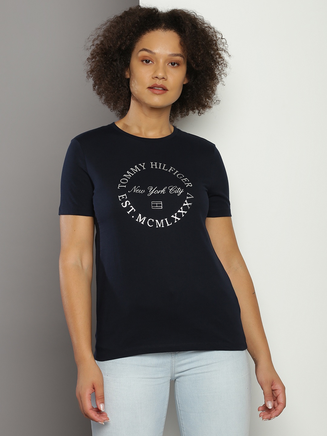 

Tommy Hilfiger Pure Cotton Brand Logo Printed Casual T-shirt, Navy blue