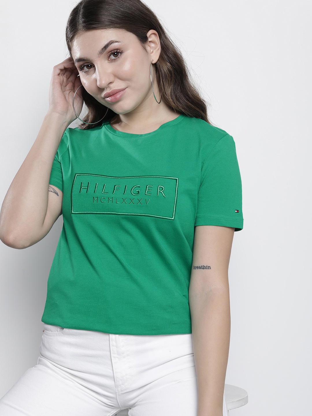 

Tommy Hilfiger Pure Cotton Brand Logo Embroidered Casual T-shirt, Green