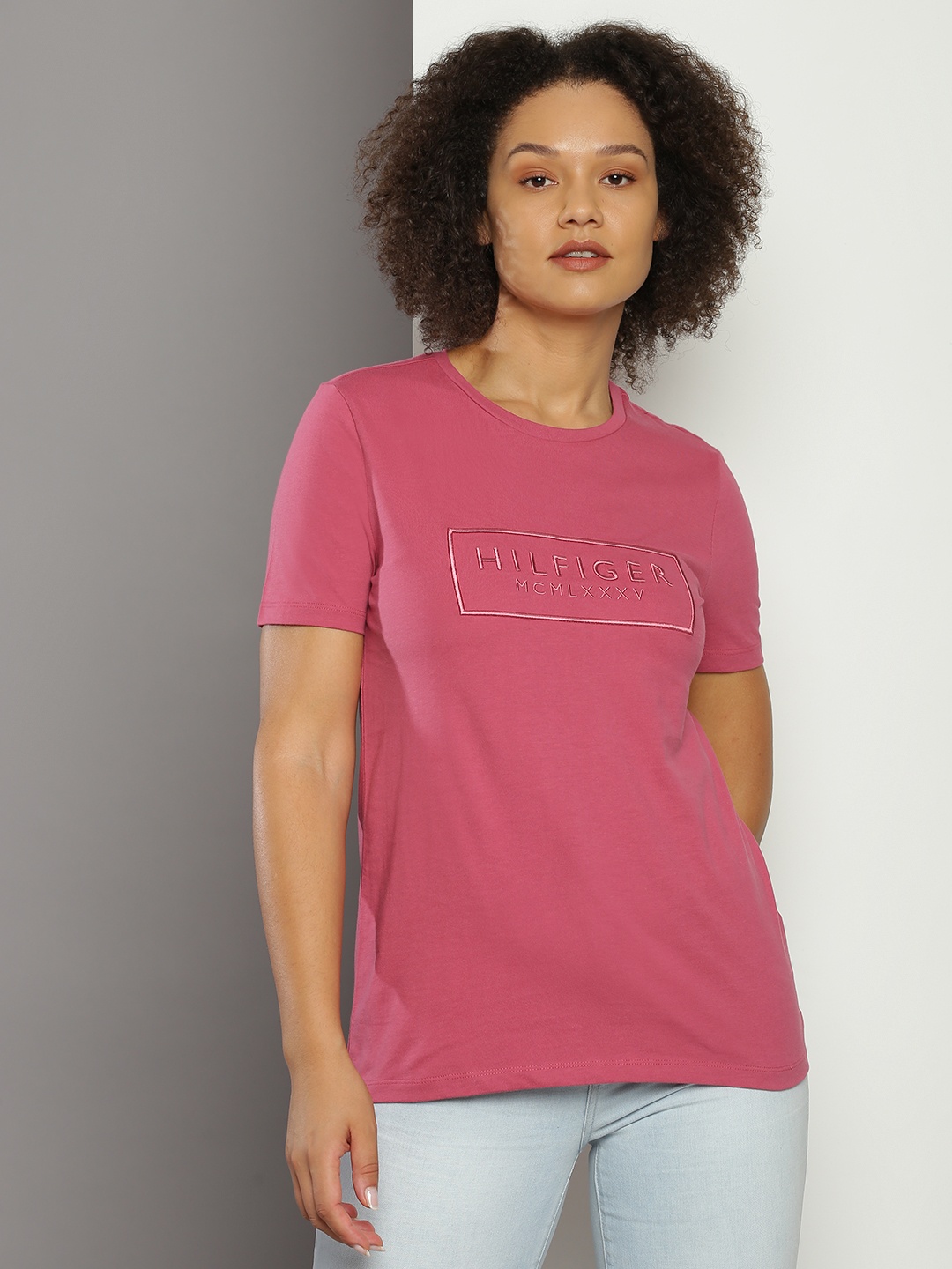 

Tommy Hilfiger Brand Logo Embroidered Pure Cotton T-shirt, Pink