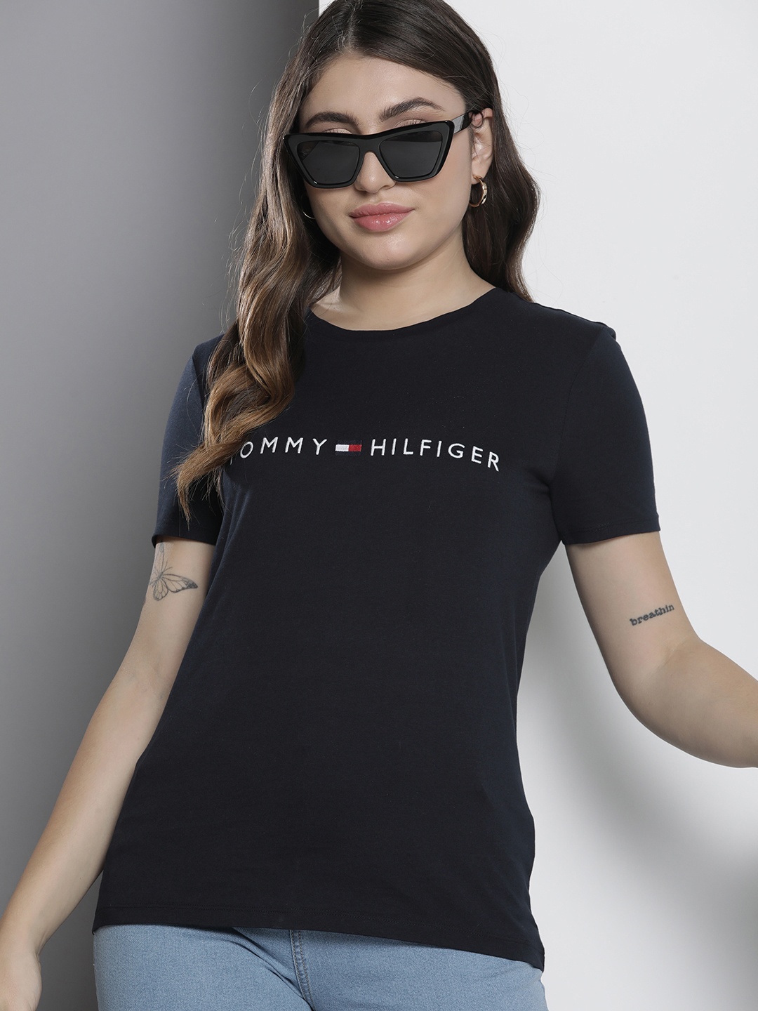 

Tommy Hilfiger Brand Logo Embroidered Pure Cotton T-shirt, Navy blue