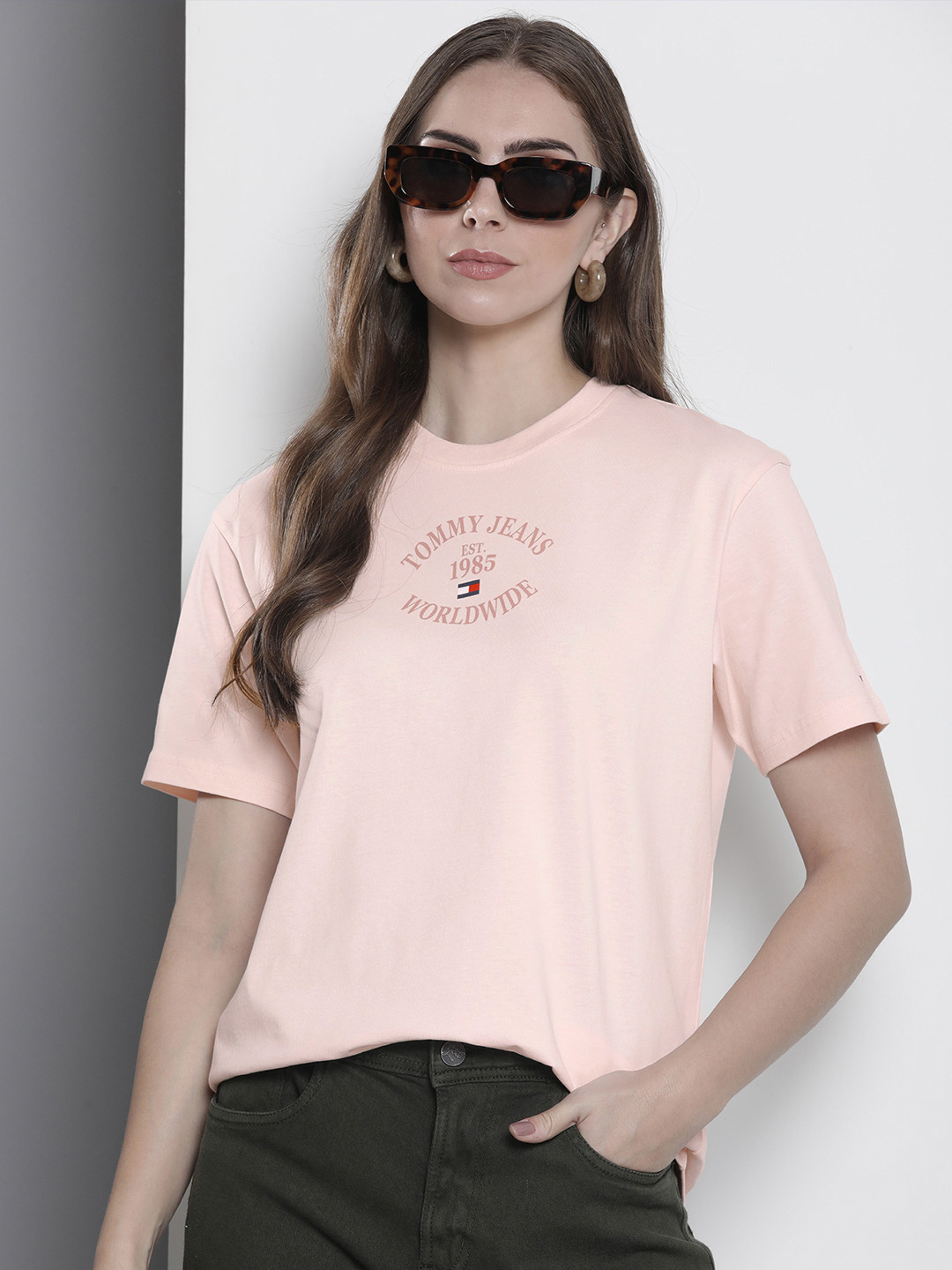 

Tommy Hilfiger Brand Logo Printed Relaxed Fit Pure Cotton T-shirt, Peach