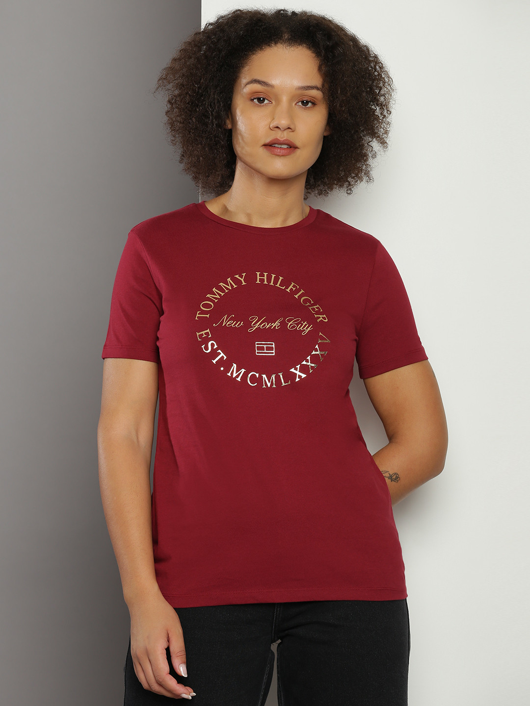 

Tommy Hilfiger Brand Logo Printed Pure Cotton T-shirt, Maroon
