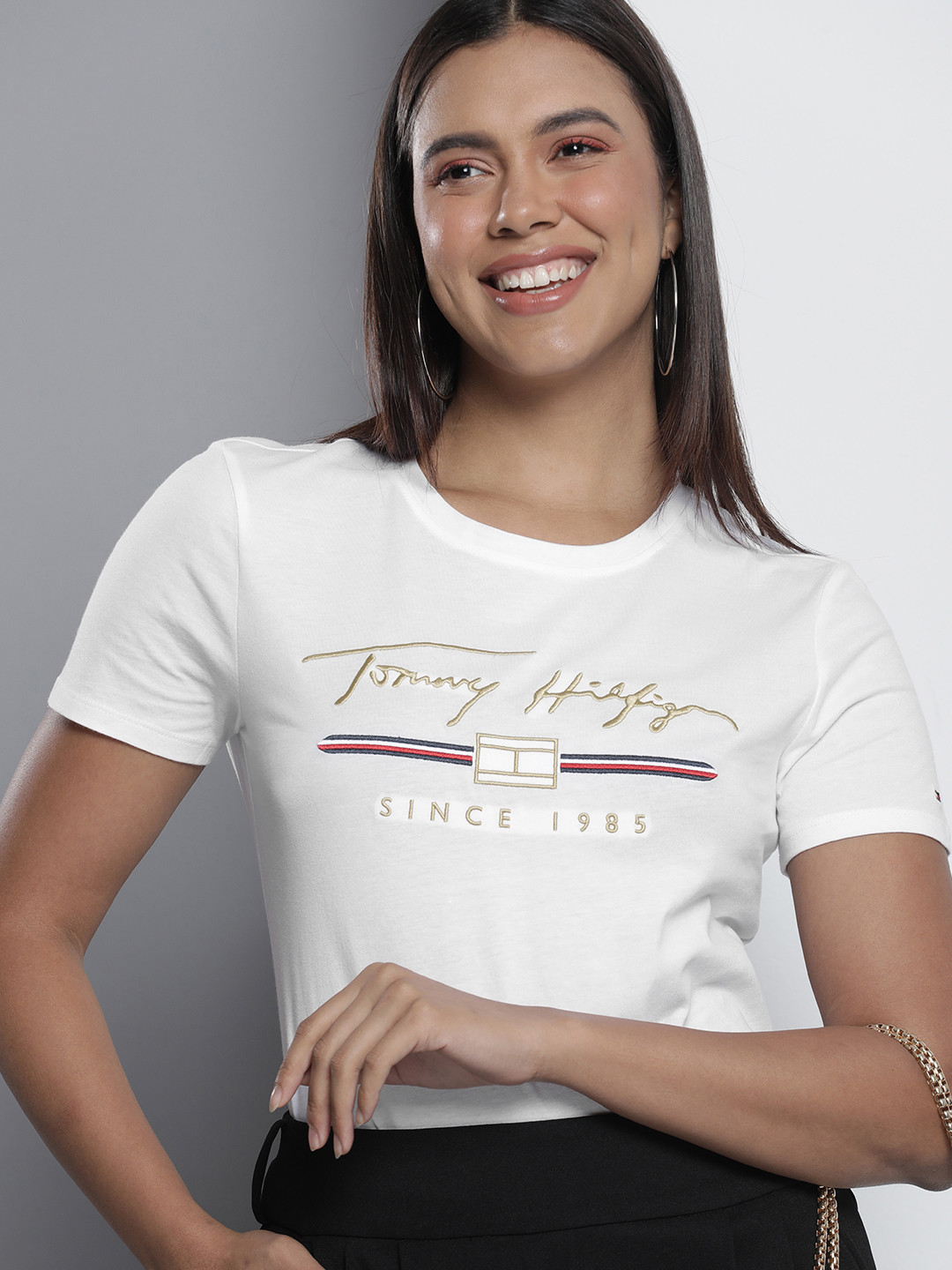 

Tommy Hilfiger Brand Logo Embroidered Pure Cotton Slim Fit T-shirt, White