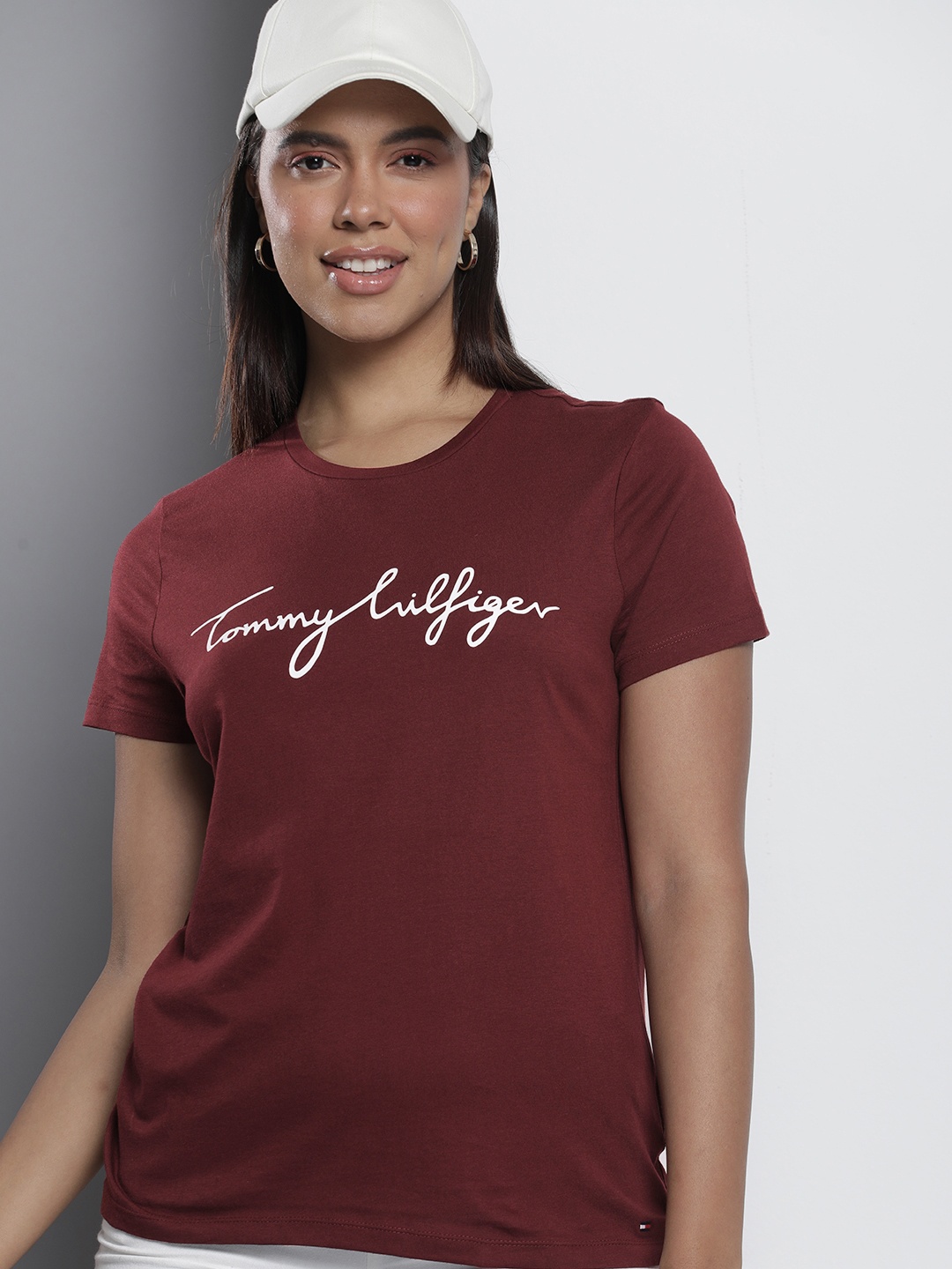 

Tommy Hilfiger Typography Printed Pure Cotton T-shirt, Maroon