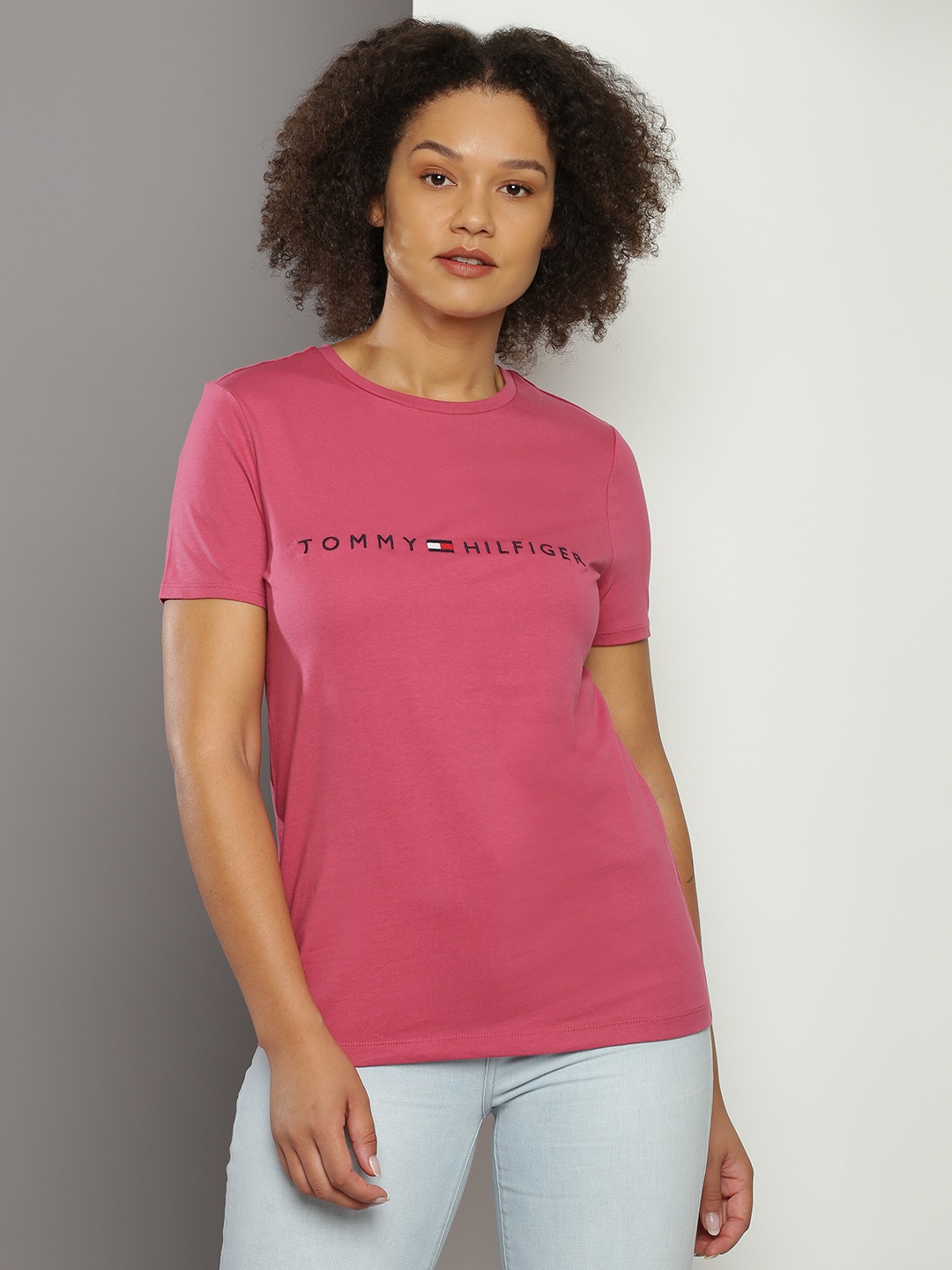 

Tommy Hilfiger Brand Logo Embroidered Pure Cotton T-shirt, Coral