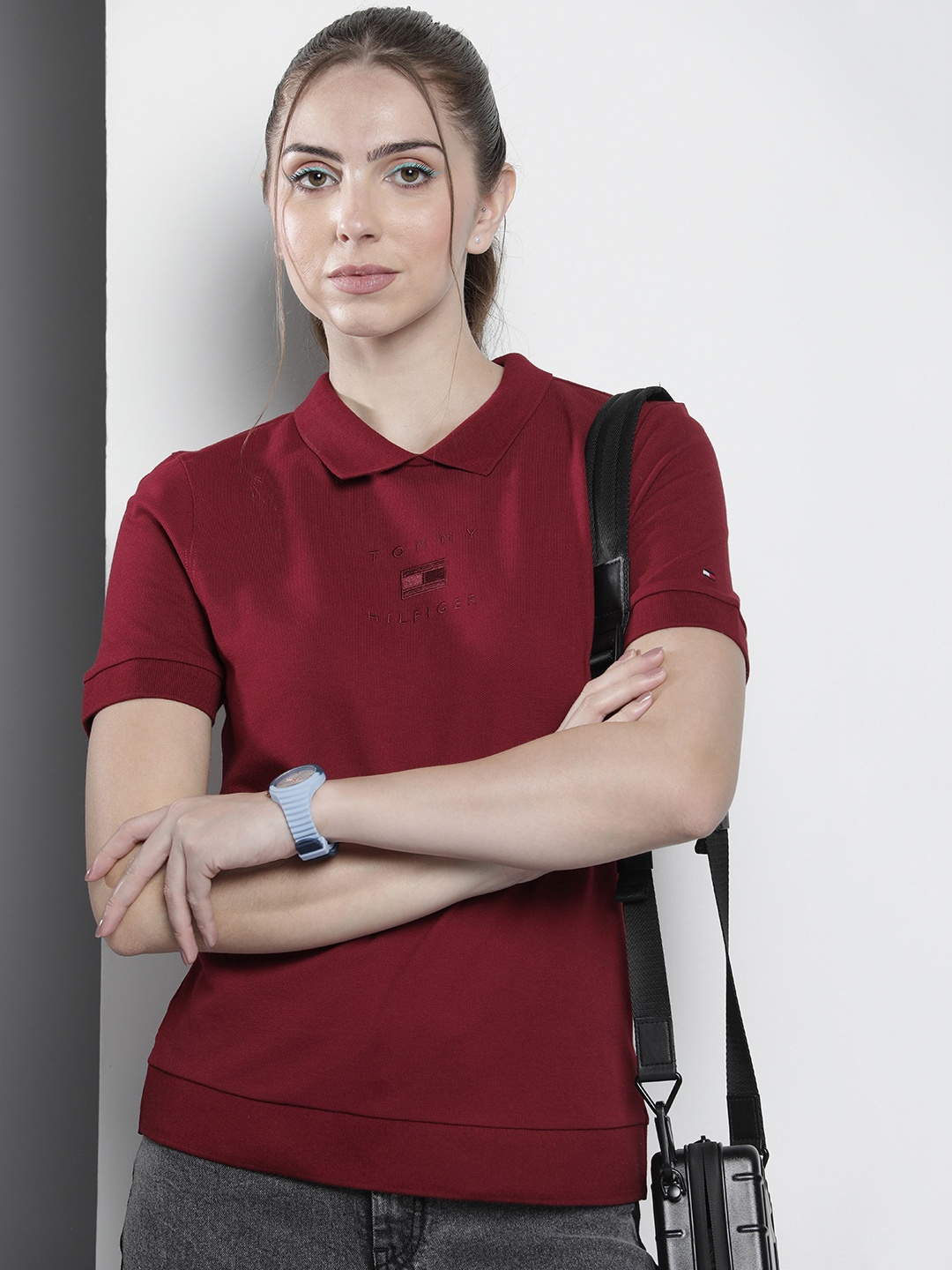 

Tommy Hilfiger Brand Logo Embroidered Peter Pan Collar T-shirt, Maroon