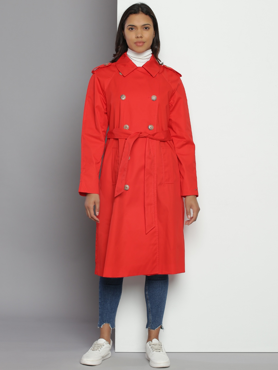 

Tommy Hilfiger Double-Breasted Pure Cotton Solid Longline Trench Coat, Red