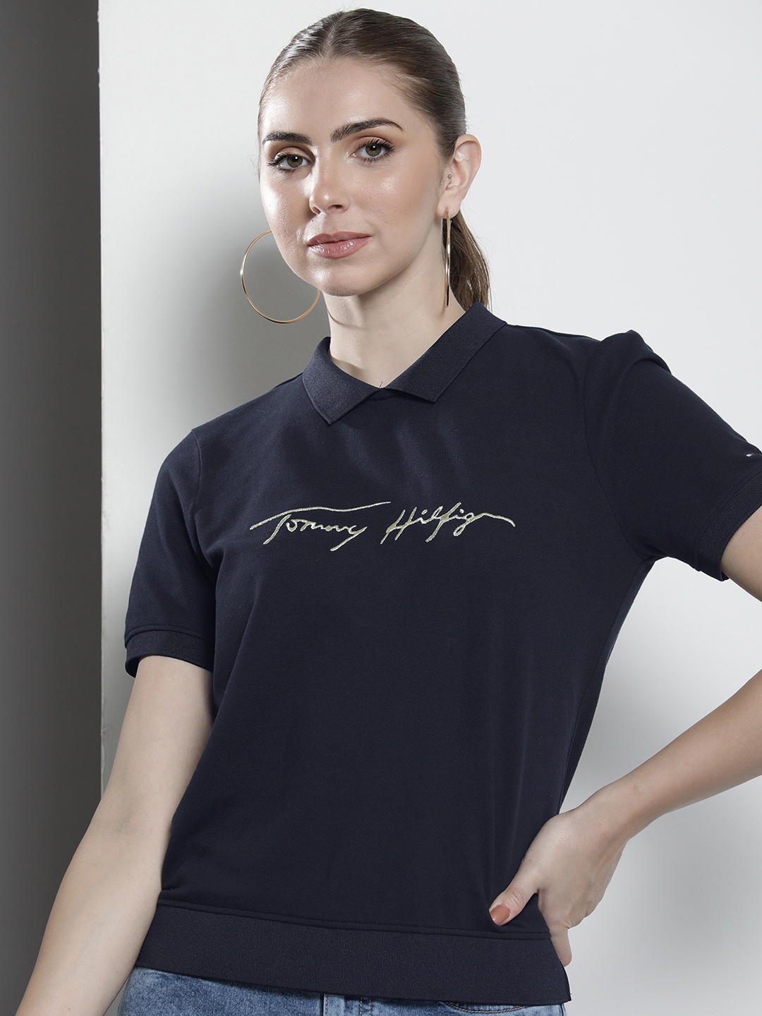 

Tommy Hilfiger Brand Logo Printed Polo Collar Relaxed Fit T-shirt, Navy blue