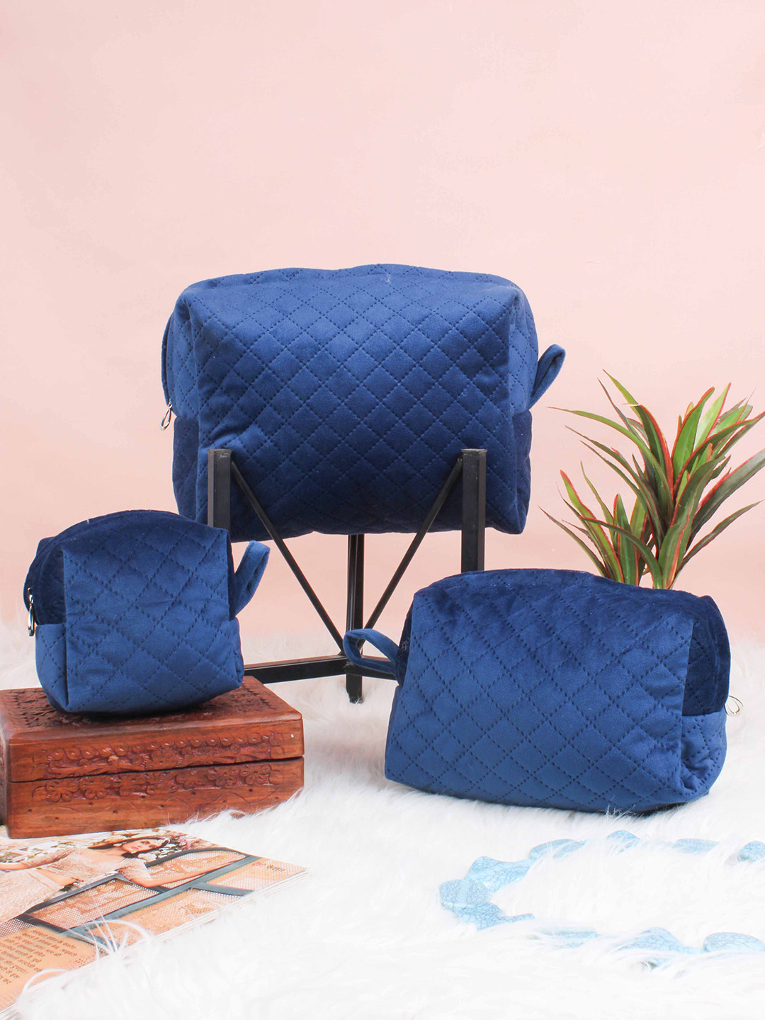 

STITCHNEST Set Of 3 Quilted Velvet Cosmetic Bags, Blue