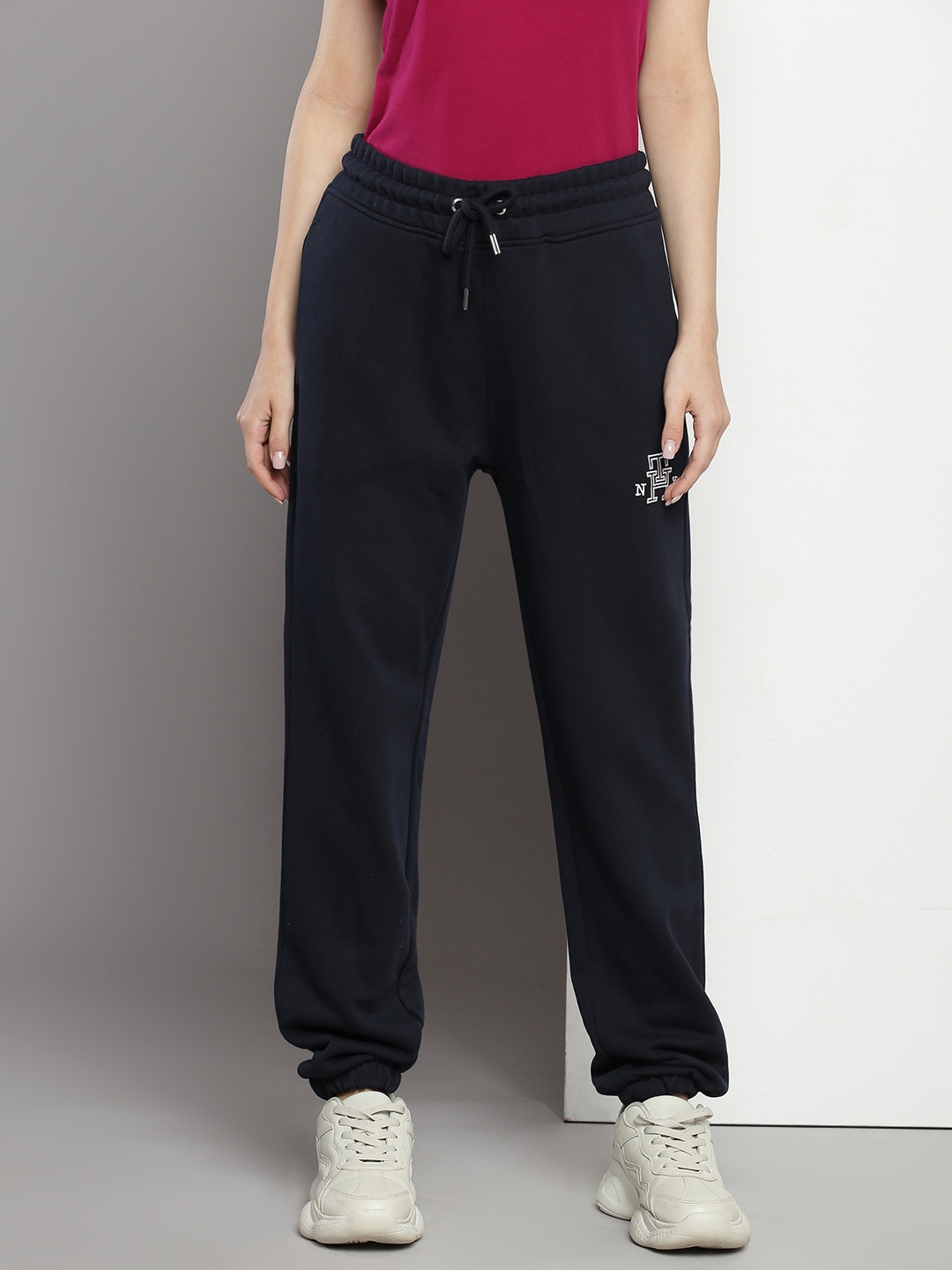 

Tommy Hilfiger Women Pure Cotton Mid-Rise Joggers, Navy blue