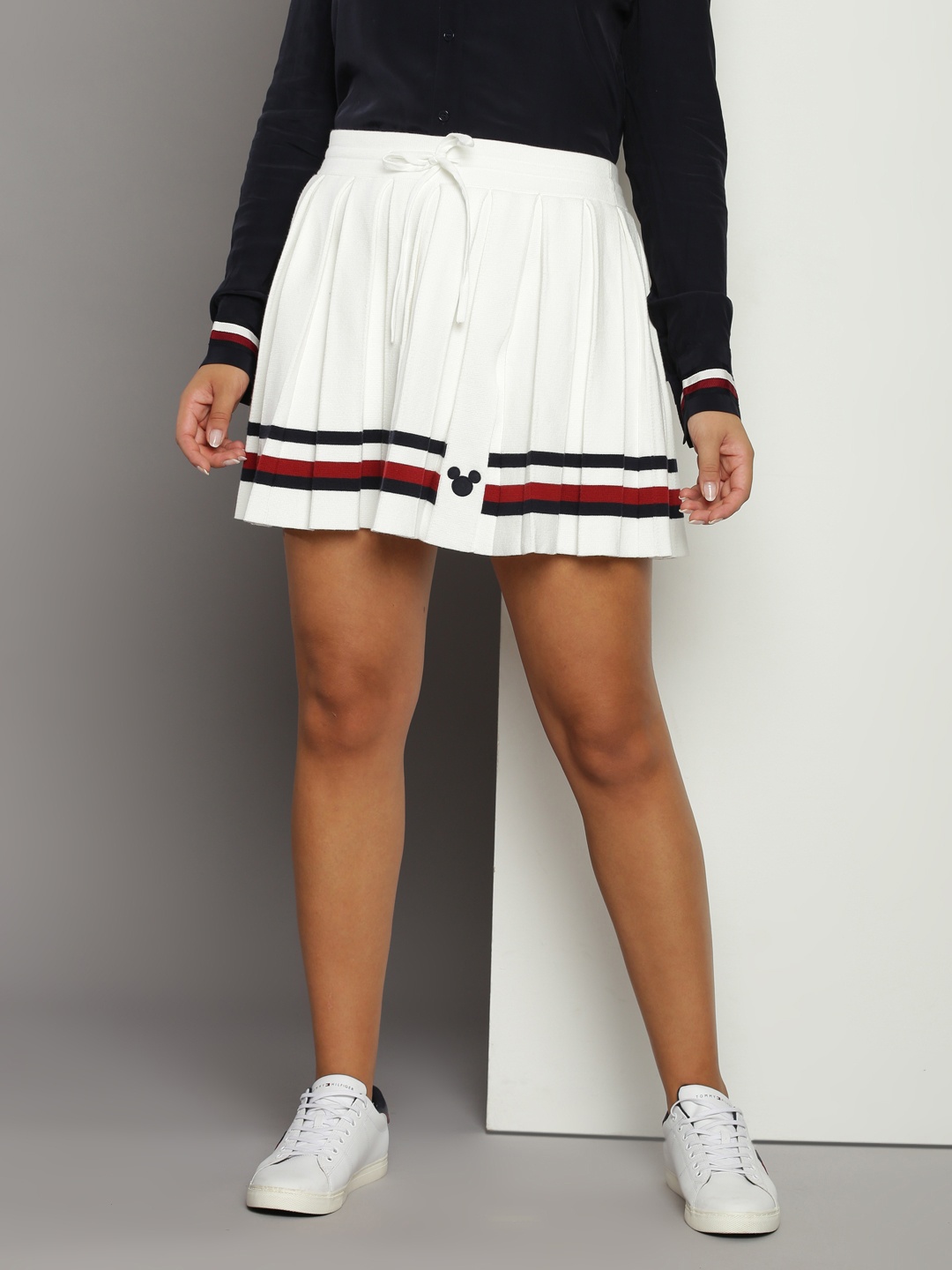 

Tommy Hilfiger Women Pure Cotton Disney Striped Knitted Flared Pleated Skirt, White