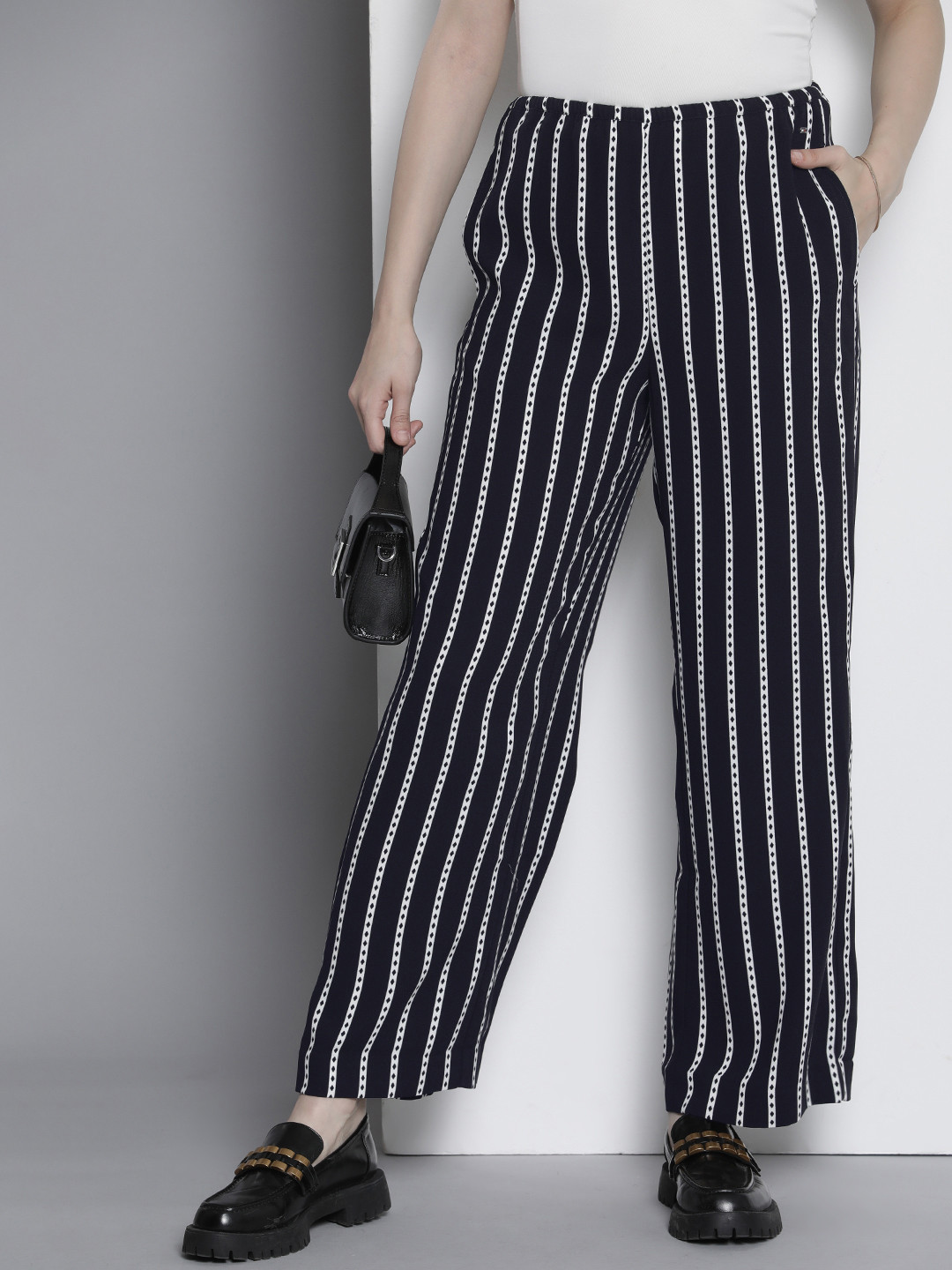 

Tommy Hilfiger Women High-Rise Loose Fit Striped Trousers, Black