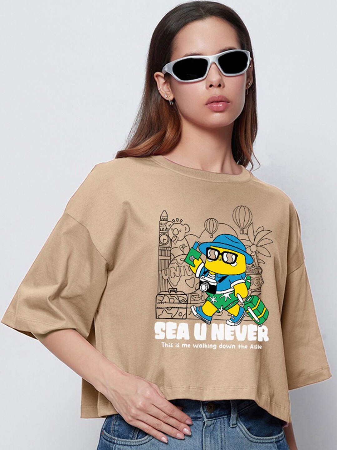 

Bewakoof Sea U Never Typography Print Oversized Top, Brown