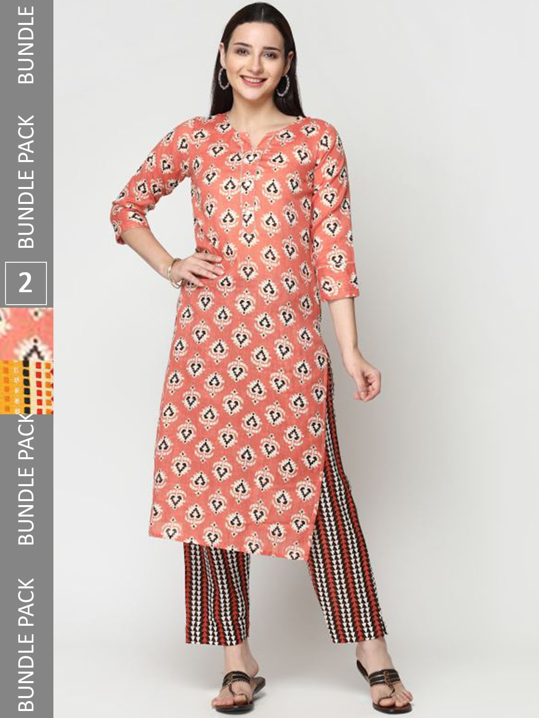 

KALINI Pack Of 2 Ethnic Printed Straight Pure Cotton Kurta With Trousers, Beige