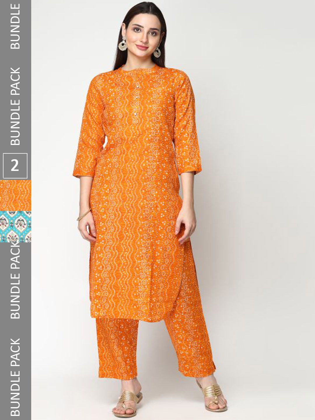 

KALINI A Selection Of 2 Bandhani Printed Regular Pure Cotton Kurta With Trousers, Orange
