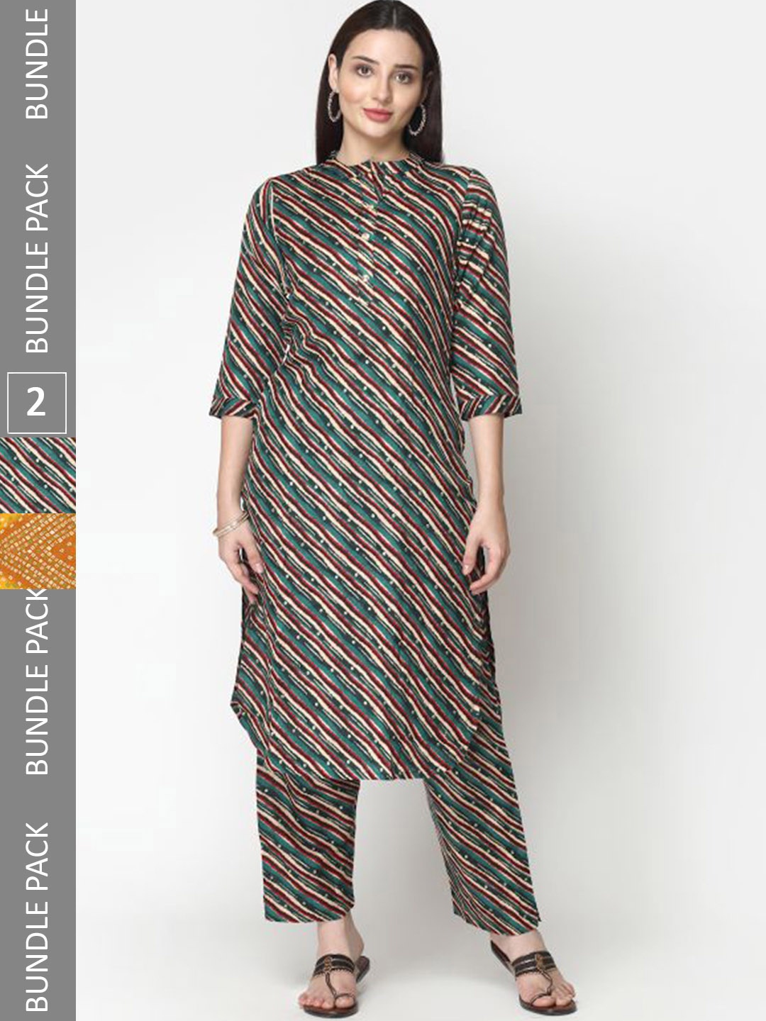 

KALINI A Selection Of 2 Bandhani Printed Regular Pure Cotton Kurta With Trousers, Mustard