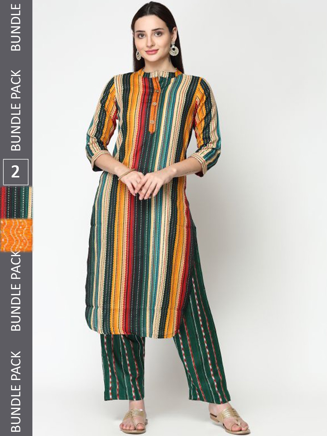 

KALINI Pack Of 2 Printed Pure Cotton Kurta with Trousers, Orange