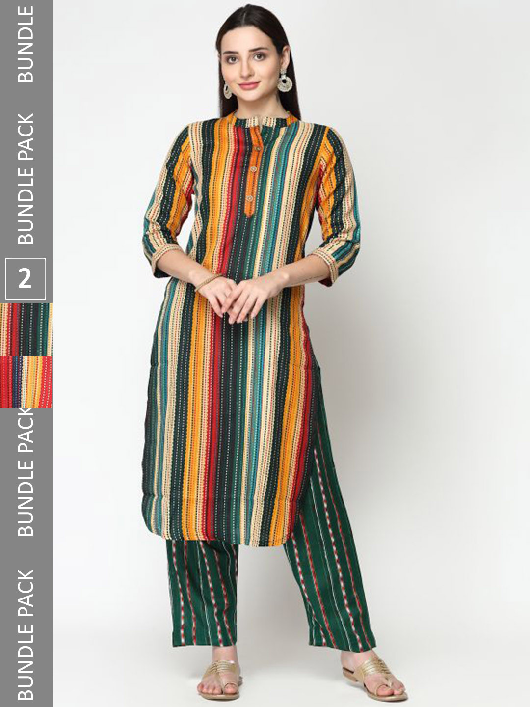 

KALINI Pack Of 2 Striped Pure Cotton Kurta with Trousers, Green