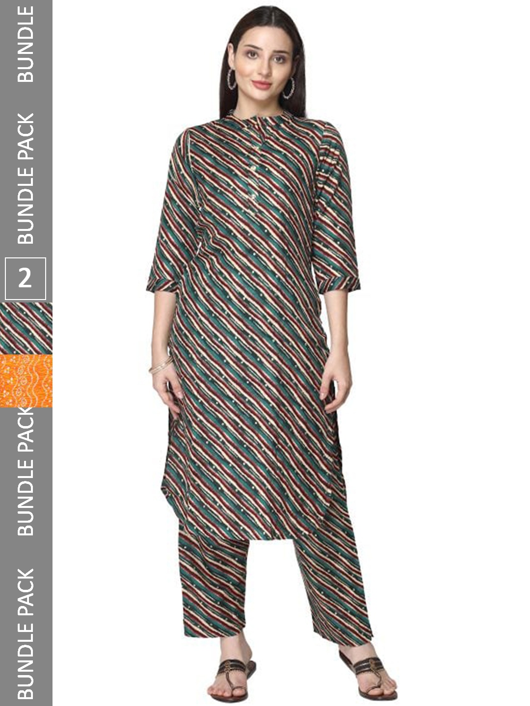 

KALINI Pack Of 2 Ethnic Motifs Printed Pure Cotton Kurta with Trousers, Orange