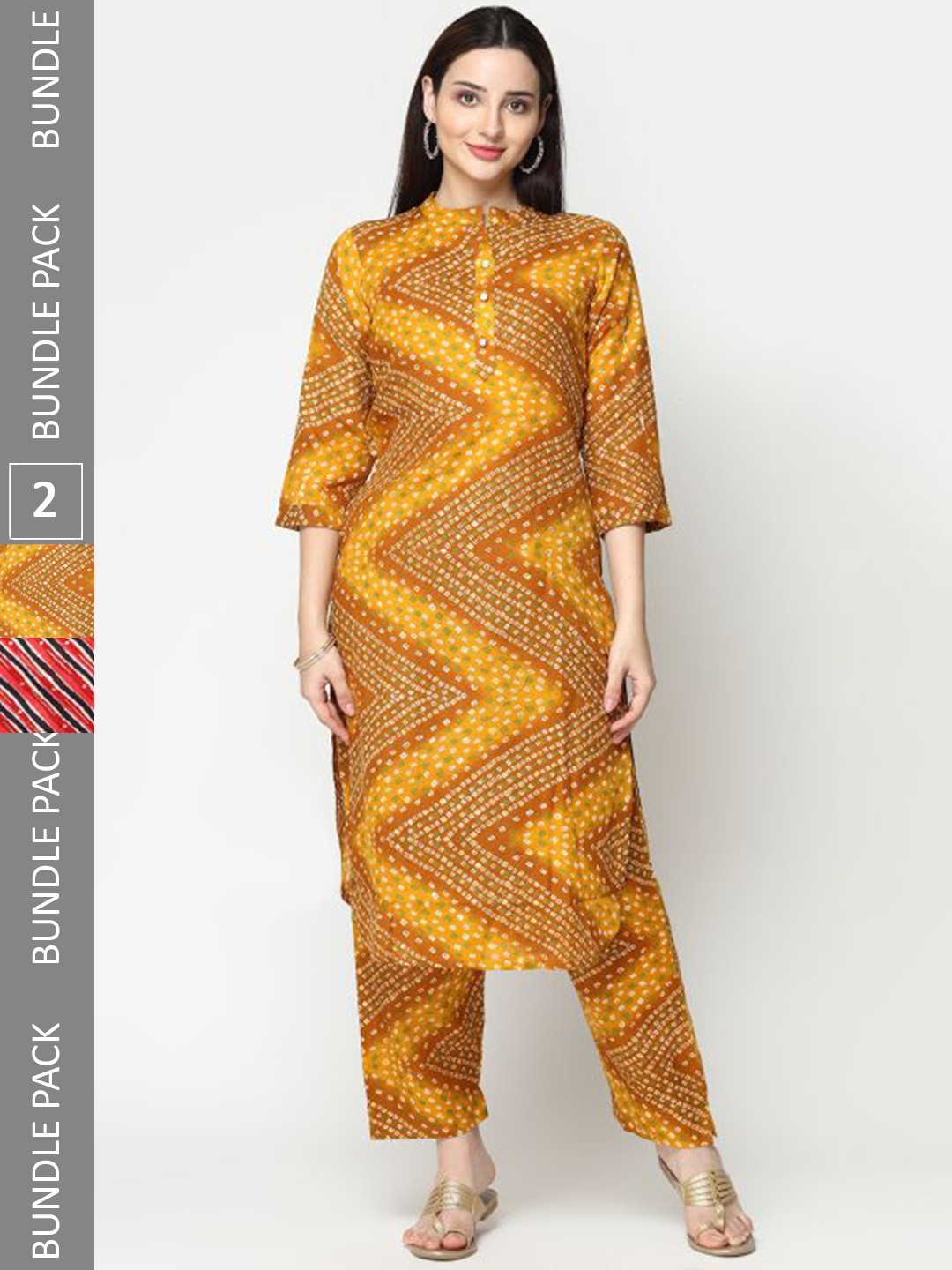 

KALINI Pack Of 2 Bandhani Printed Regular Pure Cotton Kurta with Trousers, Yellow