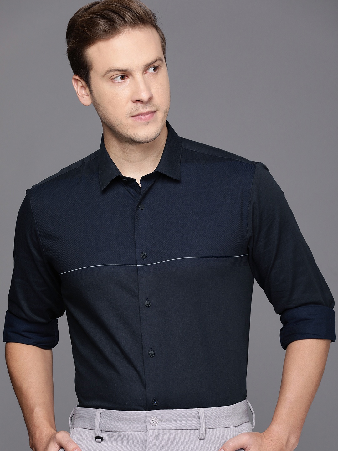 

Louis Philippe Ath Work Super Slim Fit Printed Semiformal Shirt, Navy blue