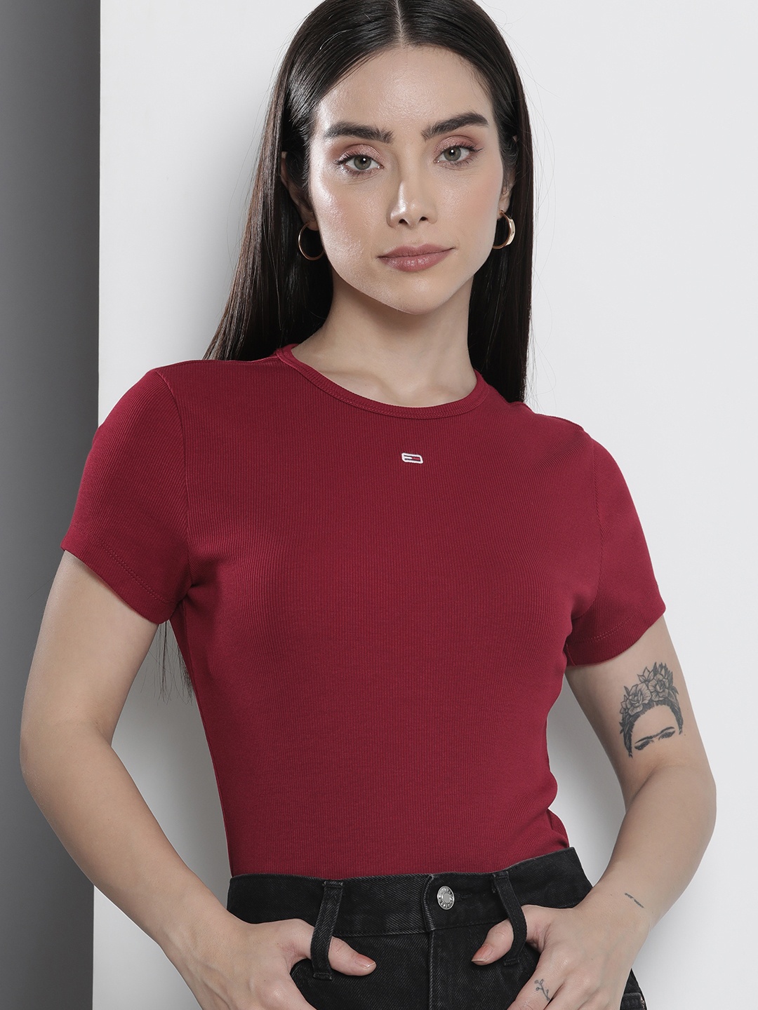 

Tommy Hilfiger Sustainable Round Neck Ribbed Slim Fit T-shirt, Maroon