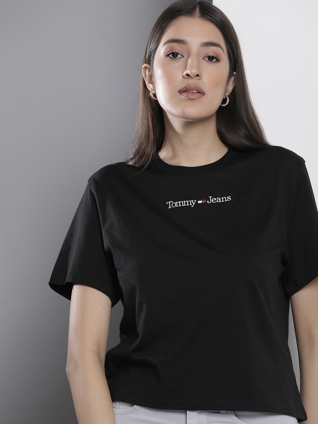 

Tommy Hilfiger Brand Logo Embroidered Pure Cotton T-shirt, Black