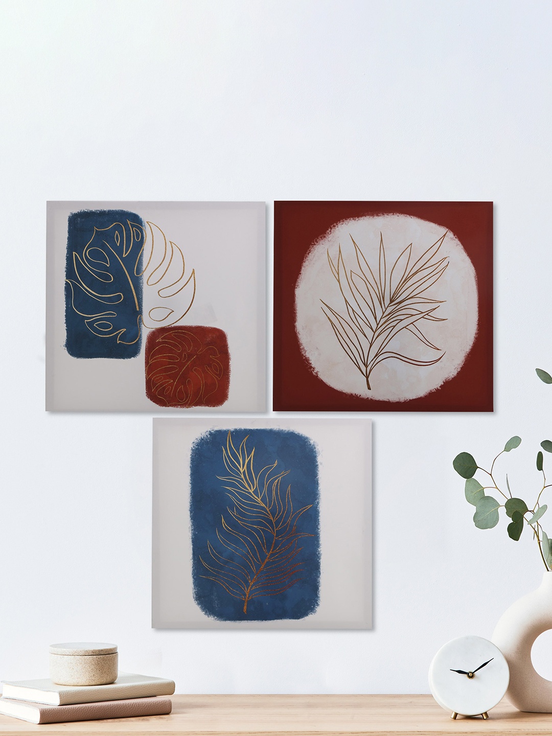 

Home Centre Blue & Red 3 Pieces Gold Leaves Printed Picture Frame Wall Art