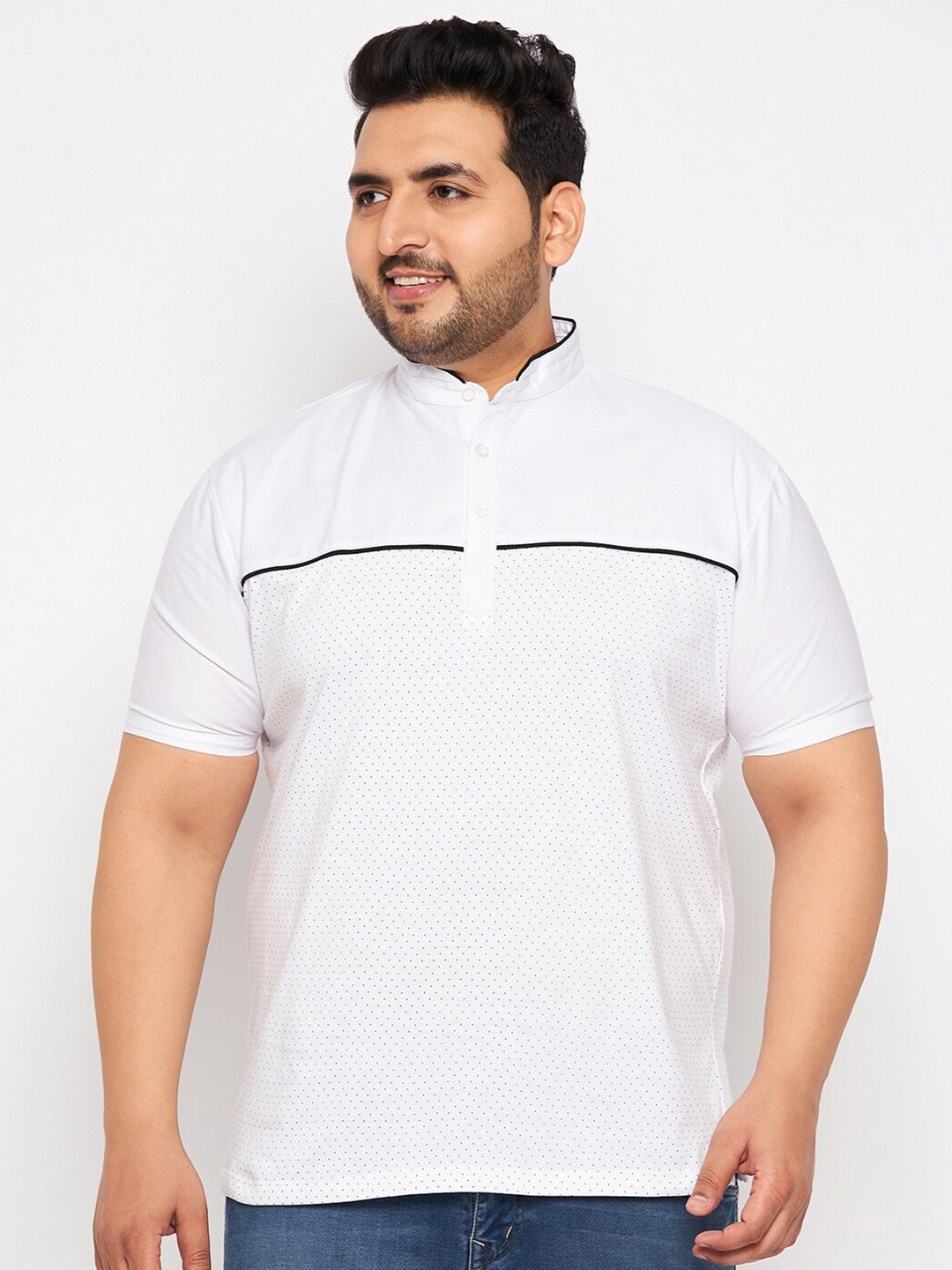 

WILD WEST Plus Plus Size Mandarin Collar Micro or Ditsy Printed Cotton T-shirt, White