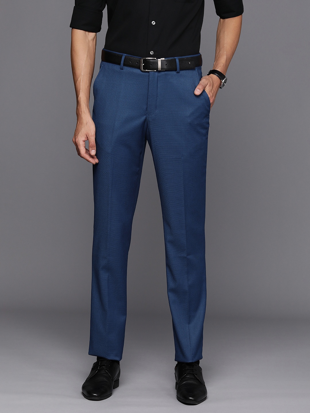 

Louis Philippe Men Textured Slim Fit Formal Trousers, Navy blue