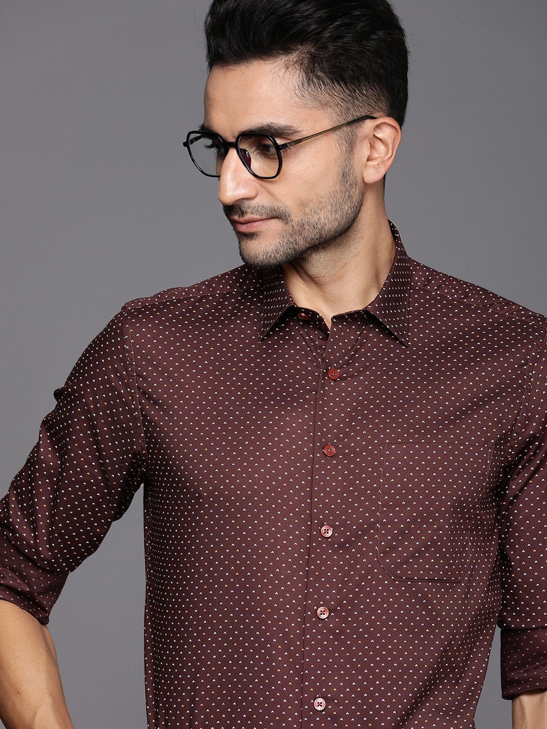 

Louis Philippe Pure Cotton Slim Fit Printed Formal Shirt, Coffee brown