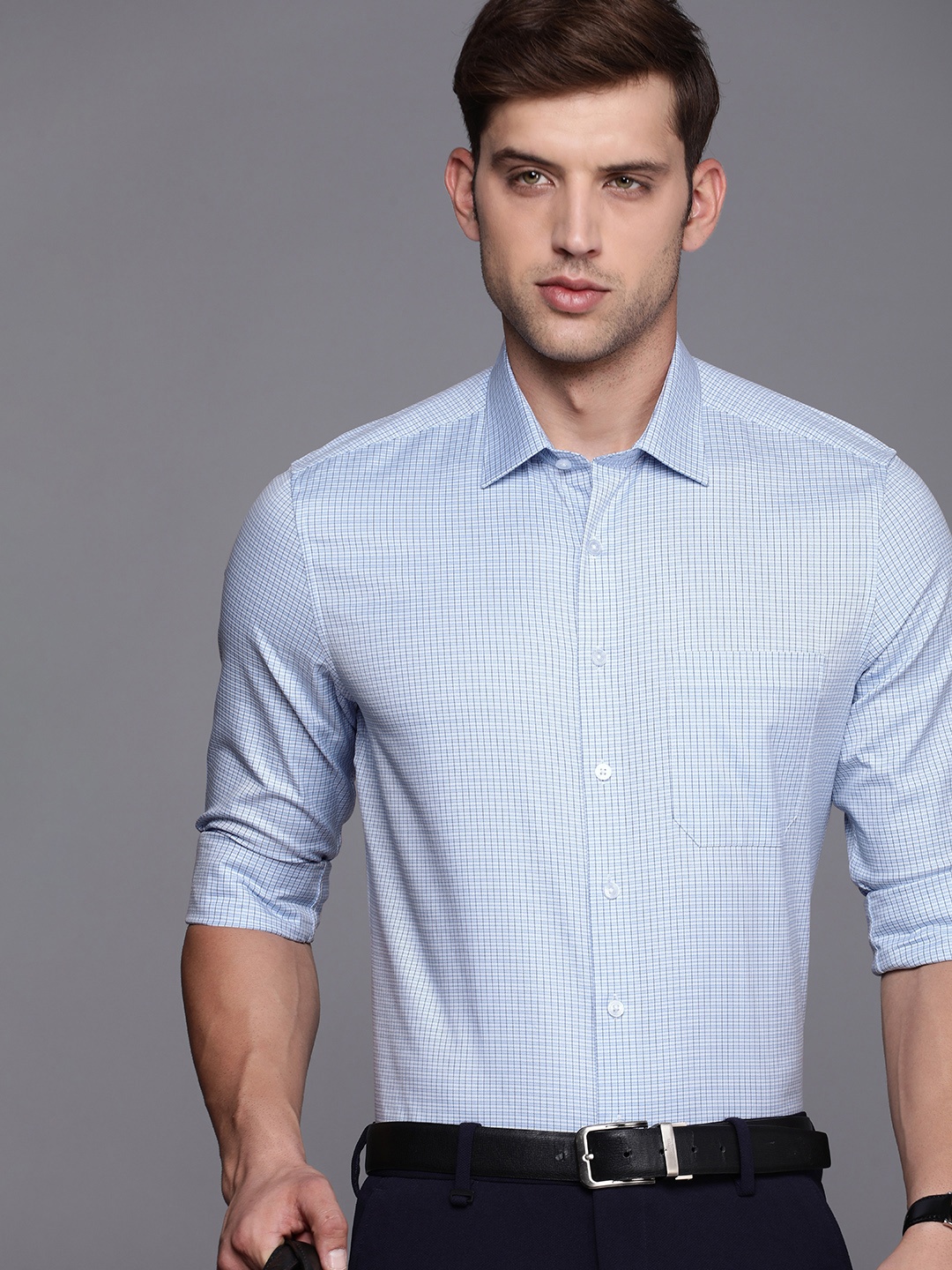 

Louis Philippe Self Checked Slim Fit Opaque Formal Shirt, Blue