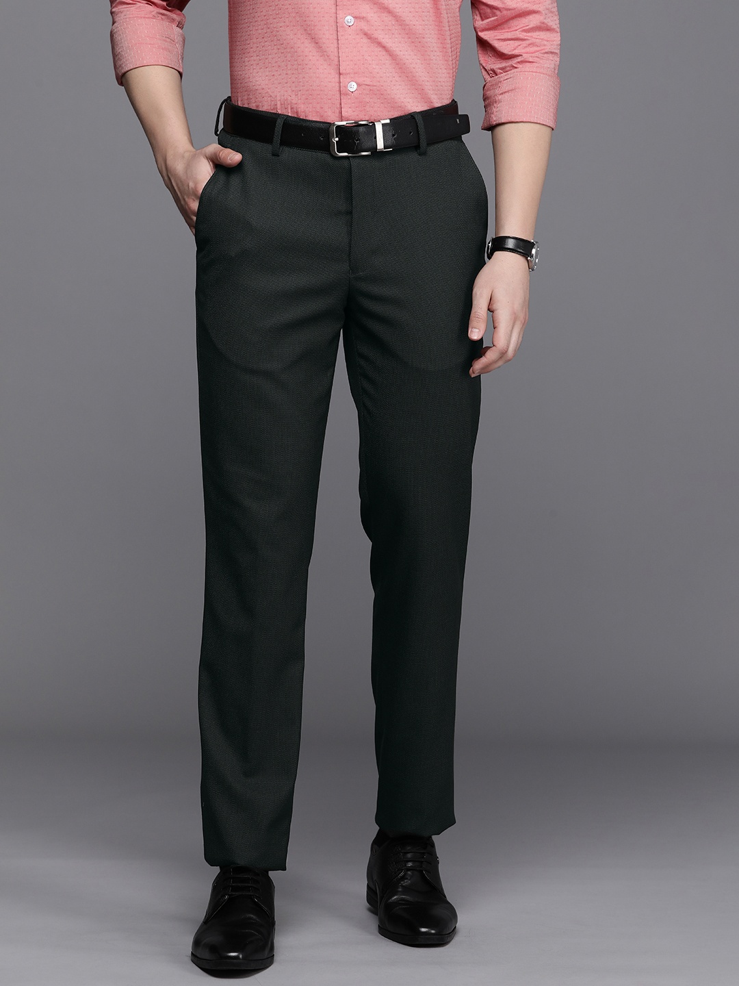 

Louis Philippe Men Textured Slim Fit Trousers, Charcoal